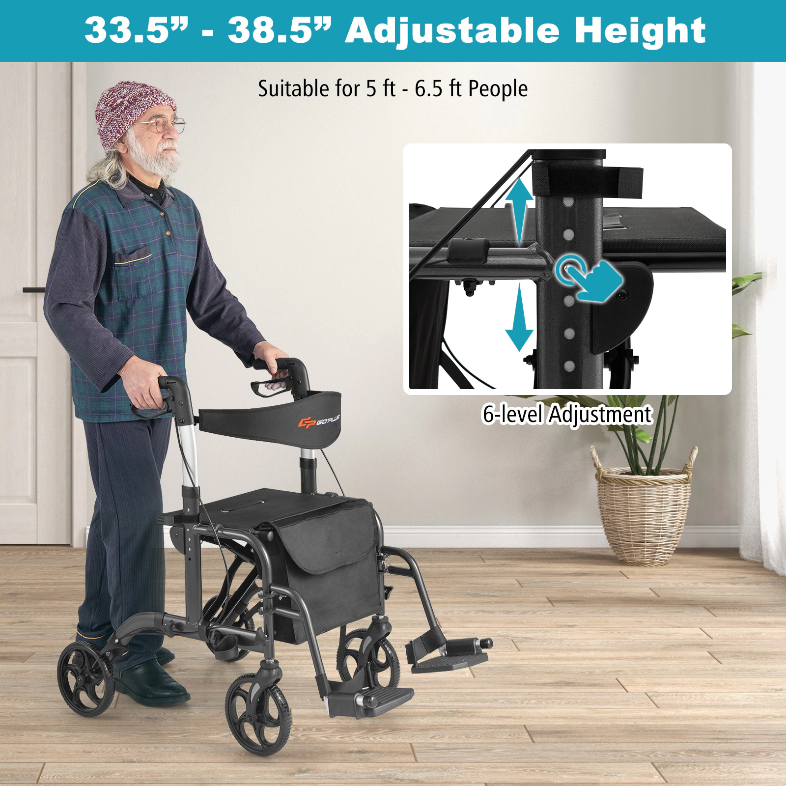 SUGIFT Black 2-in-1 Rollator Walker with Storage Bag and Reversible Backrest 26-in W 33-in D 300-lb Seat Capacity