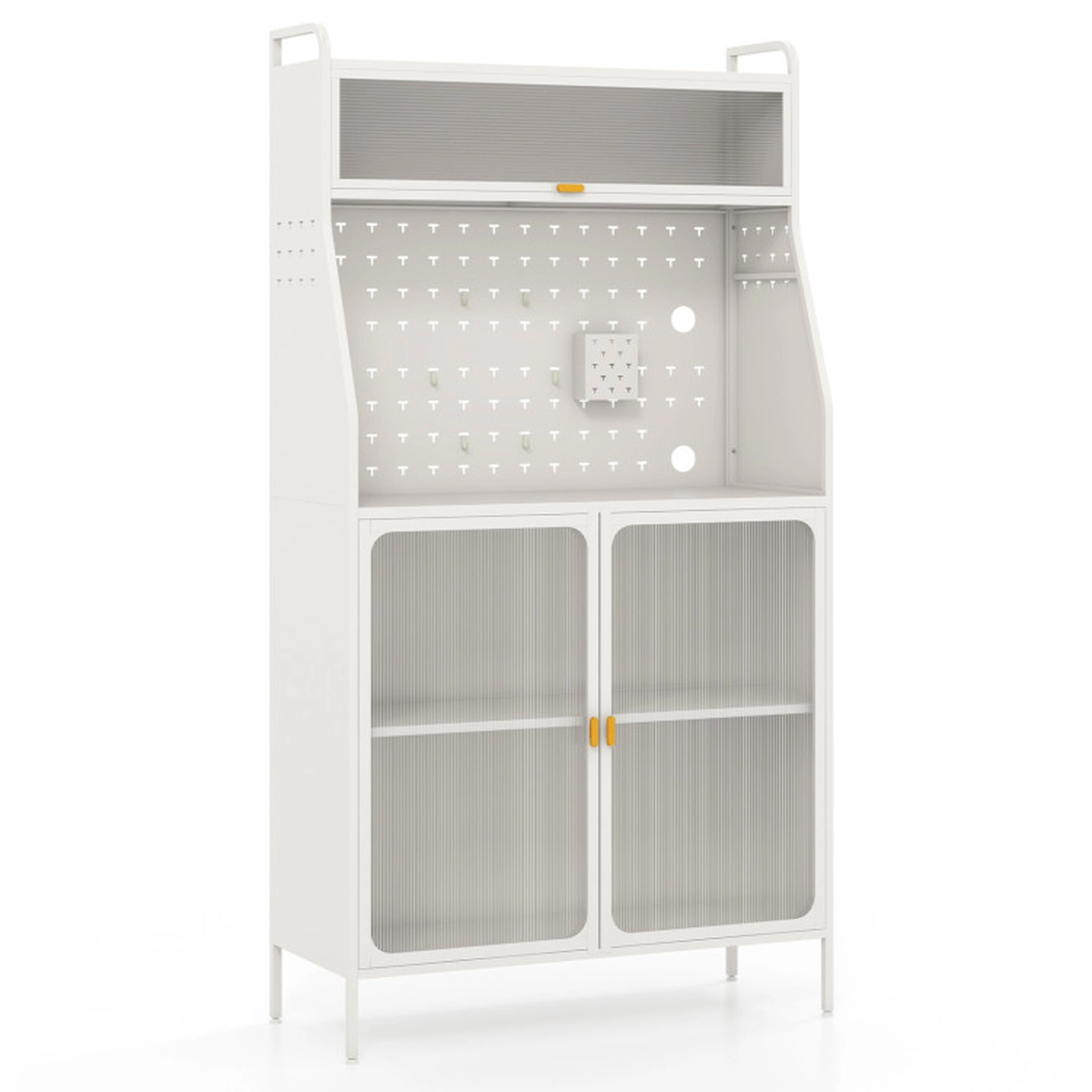 SUGIFT 5-Tier Metal Sideboard Baker's Rack with Pegboard and See-through Flip-up Door 230-lb Capacity White & Gold