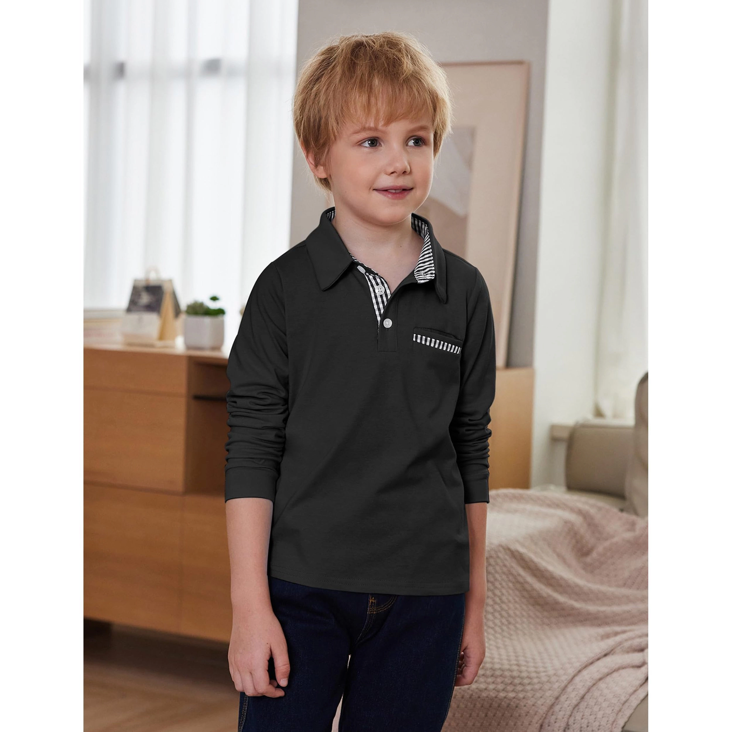 Arshiner Boys Long Sleeve Trim Polo Shirt School Uniform