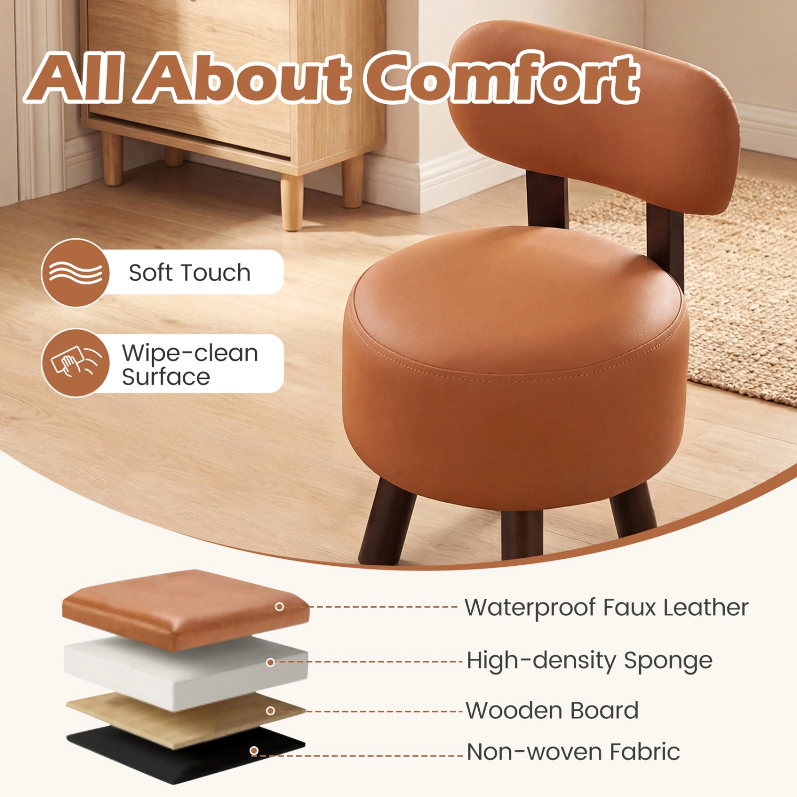 SUGIFT Set of 2 Orange Round Stackable Ottoman Stools, 330-lb Capacity