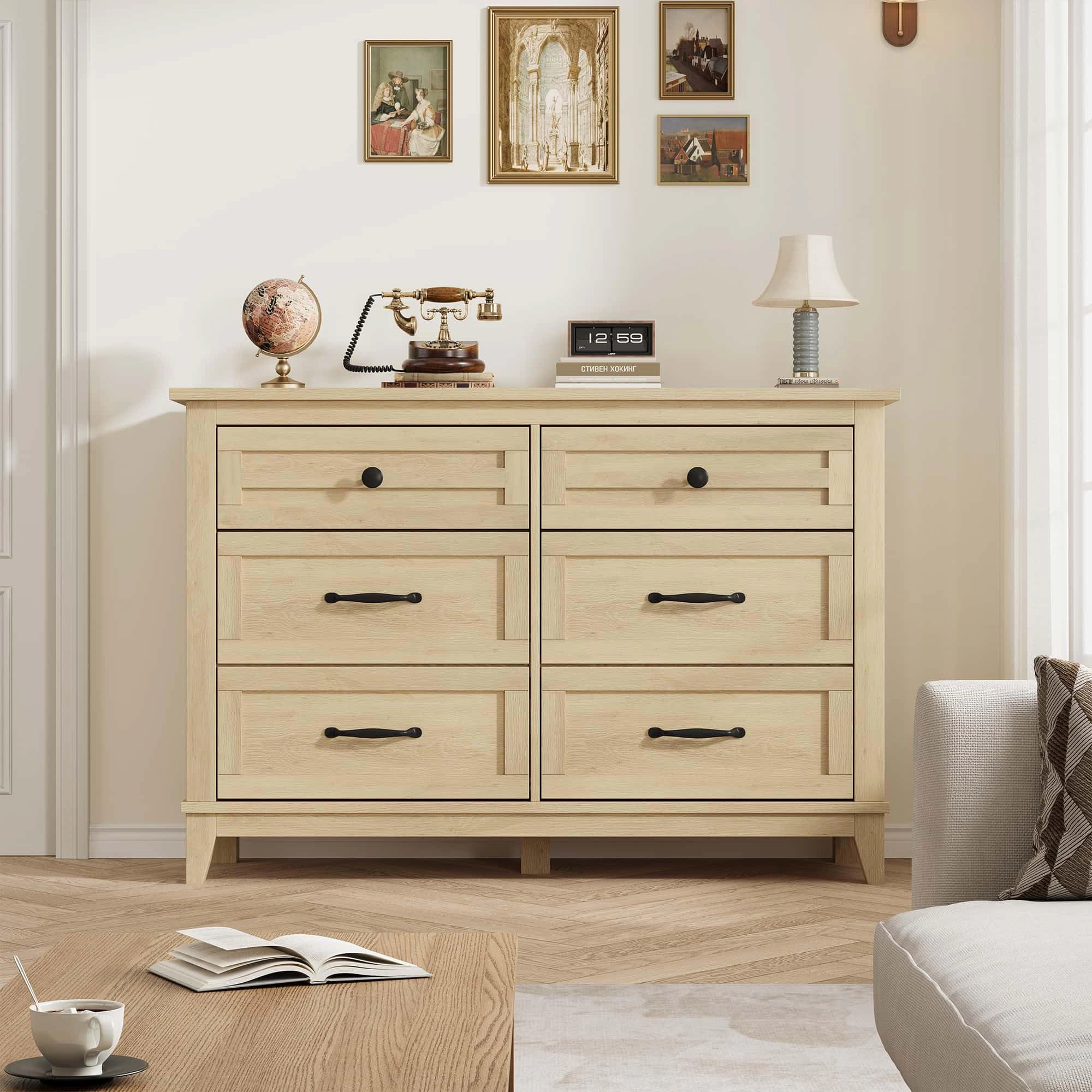 6 Drawer Modern Dresser, 47" Wide Wooden Double Storage Chest for Bedroom Entryway