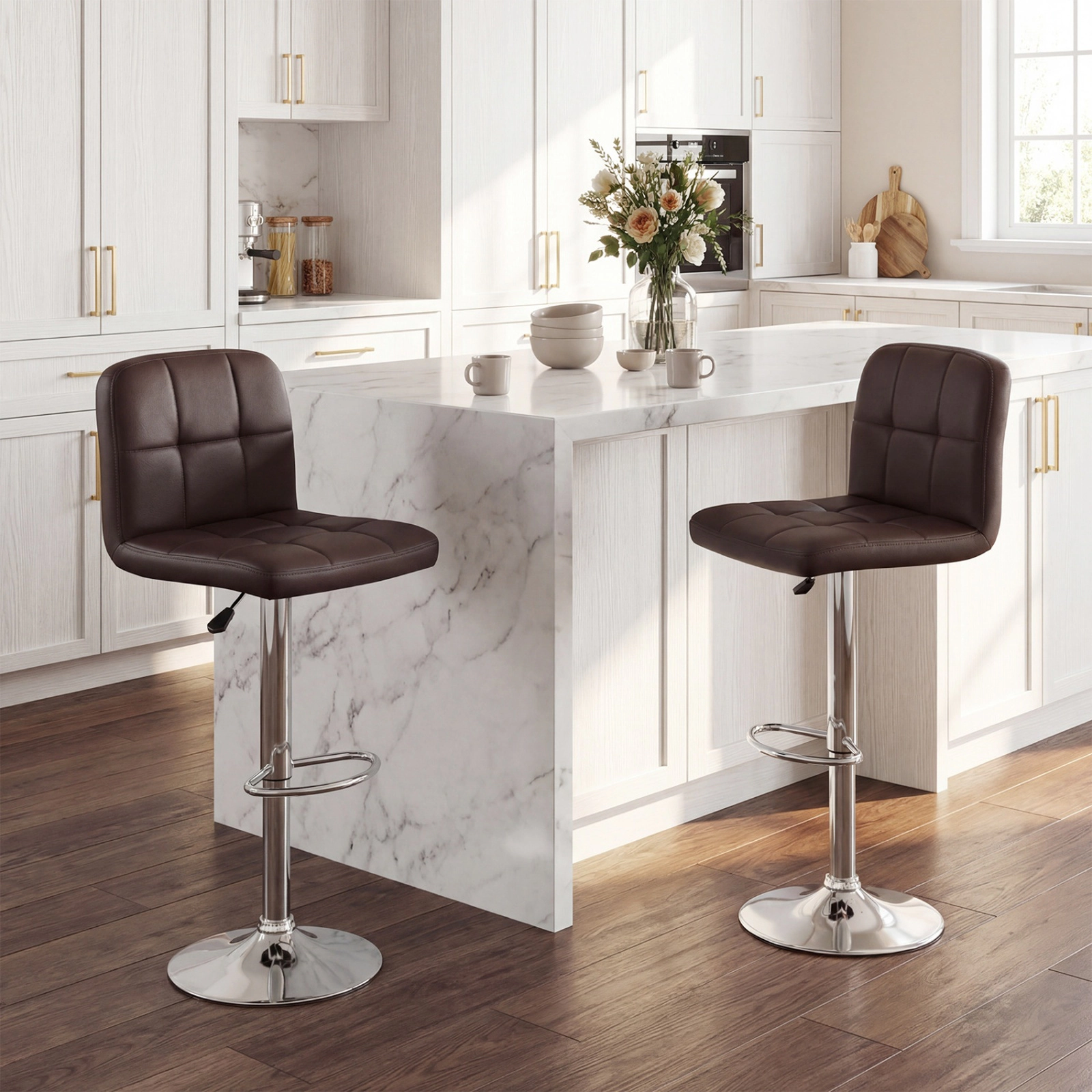 SUGIFT Faux Leather Seat and Silver Base Set of 2 Brown Adjustable Swivel Bar Stools