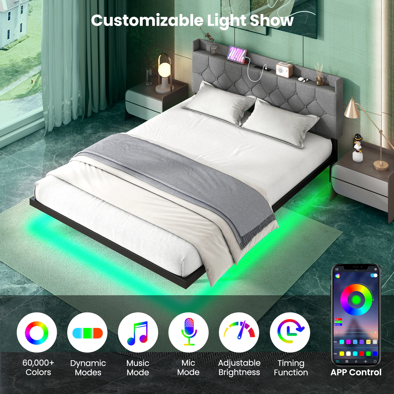 SUGIFT Floating Full/Queen Size Bed Frame with LED Storage Headboard and Charging Station 660-lb Capacity Gray