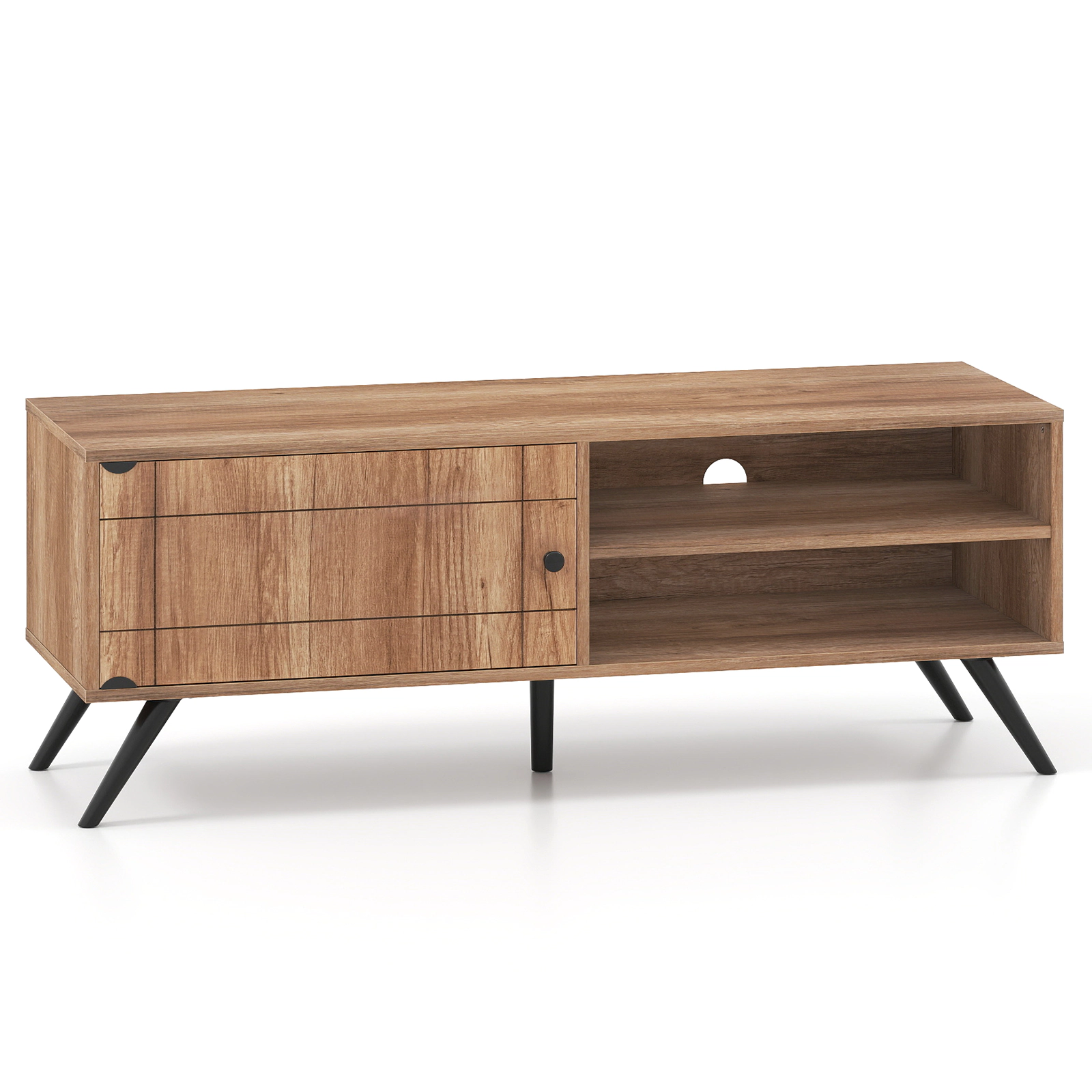 SUGIFT Mid Century TV Stand for TVs up to 55 in with Storage Cabinet 210-lb Tabletop Capacity Oak