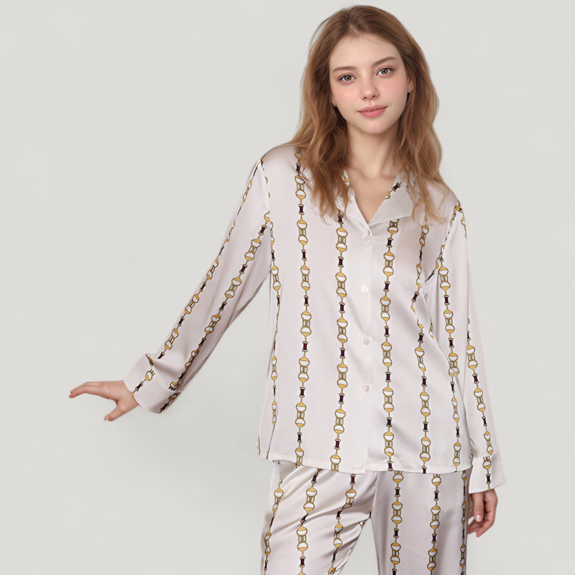 Anna-Kaci Women's Vertical Chain Print Pajama Set Long Sleeve Notch Collar Button Down Top and Silky Relaxed Woven Pants