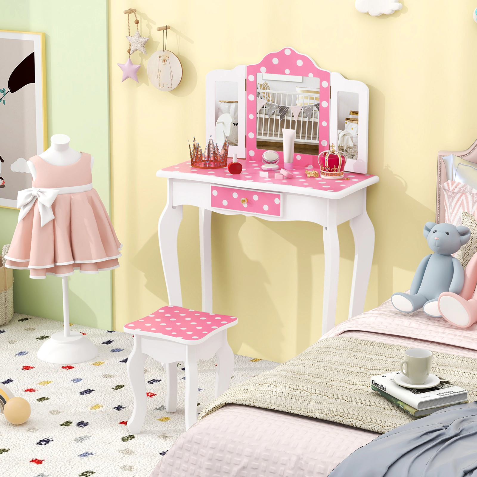 SUGIFT Toddler Princess Vanity Set with Stool, Polka Dots and Tri-Fold Mirror
