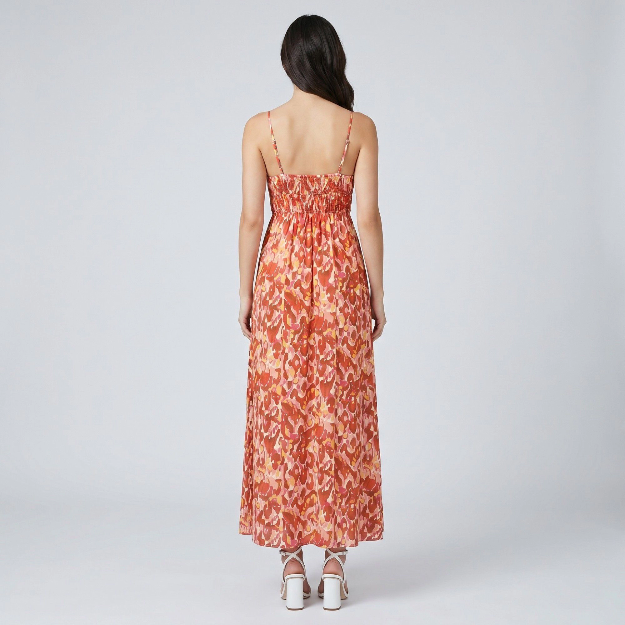Anna-Kaci Women's Abstract Floral Print Smocked Waist Spaghetti Strap V-Neck Surplice Bodice Maxi Dress