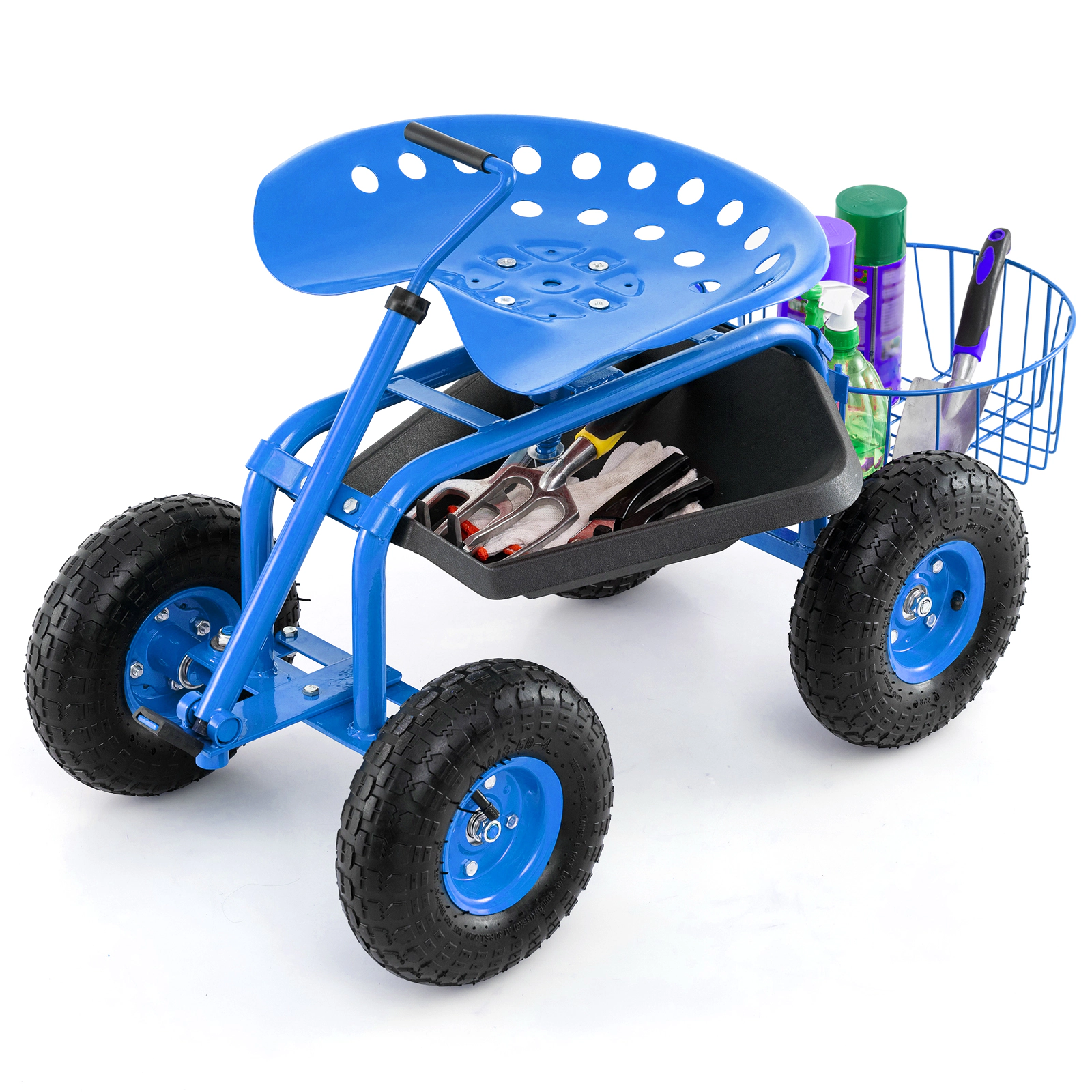SUGIFT Adjustable Seat Extendable Handle Garden Cart Rolling Wagon Scooter 330-lb Capacity Blue