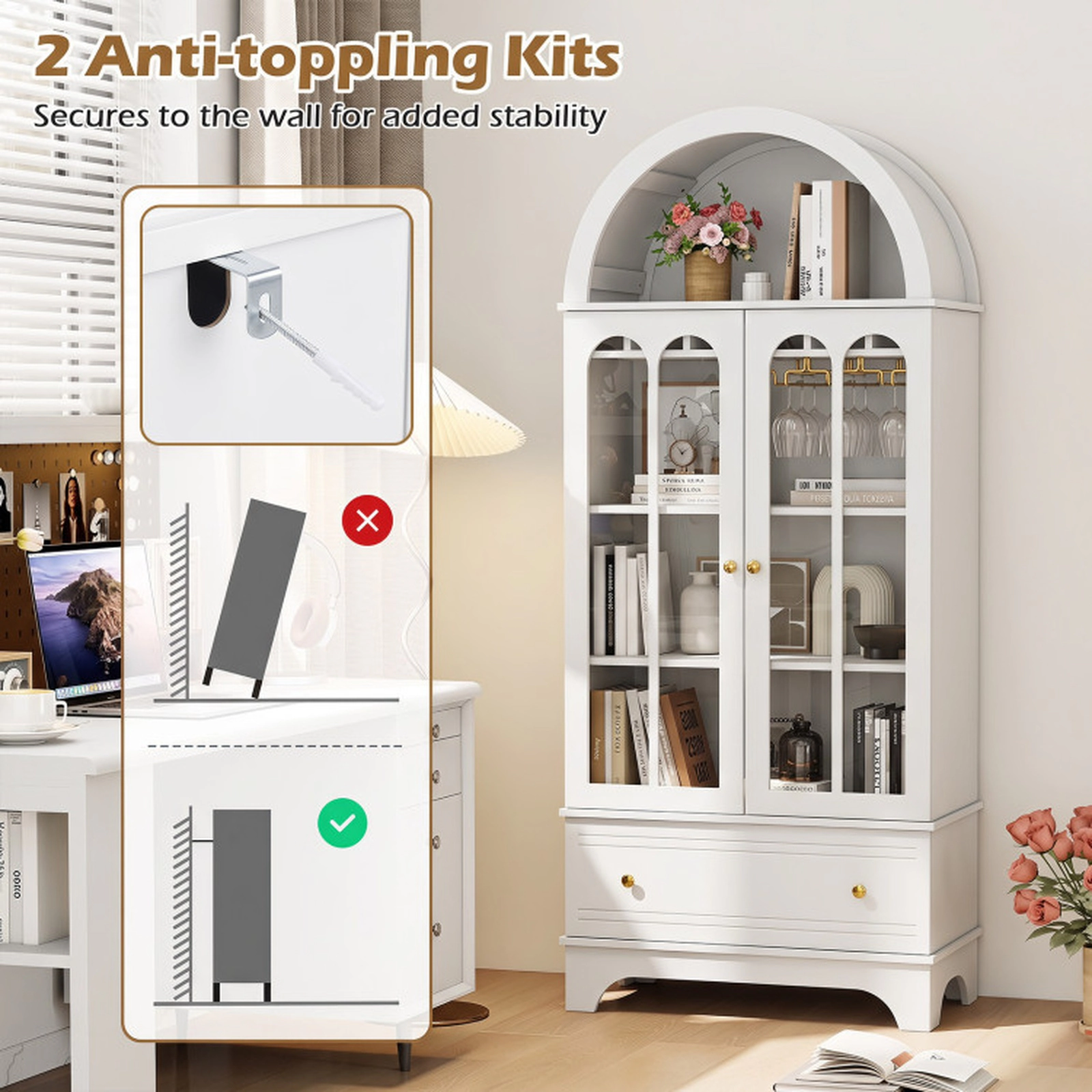 SUGIFT 5-Tier Arched Glass Doors 6-Bottle Rack 9 Stemware Holders Wine Cabinet 30.5-in x 16-in x 71.5-in White
