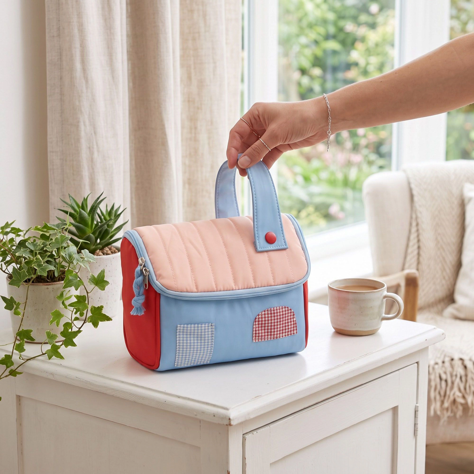 Alilang Unisex Quilted Makeup Bag with Handle and Colorblock Patch Design