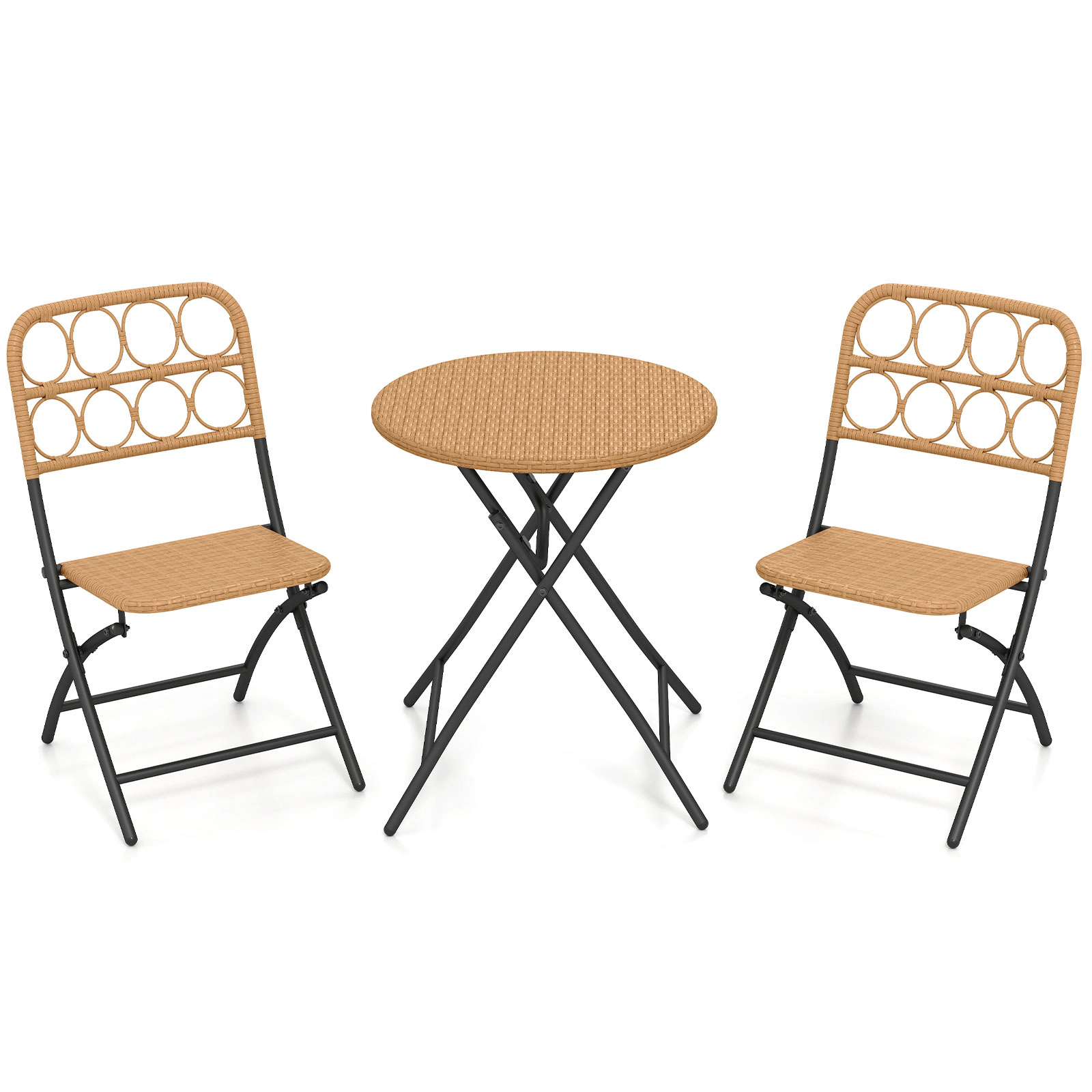 SUGIFT 3-Piece Light Brown Folding Wicker Bistro Set with 24-Inch Round Table