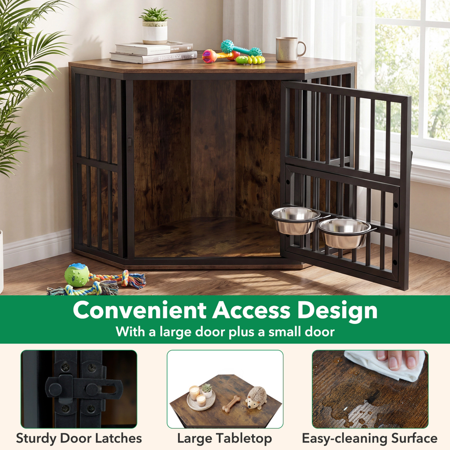 SUGIFT 35.5 in Dog Kennel End Table Rustic Brown with 3-Position Dog Bowl Rack and Corner Shape