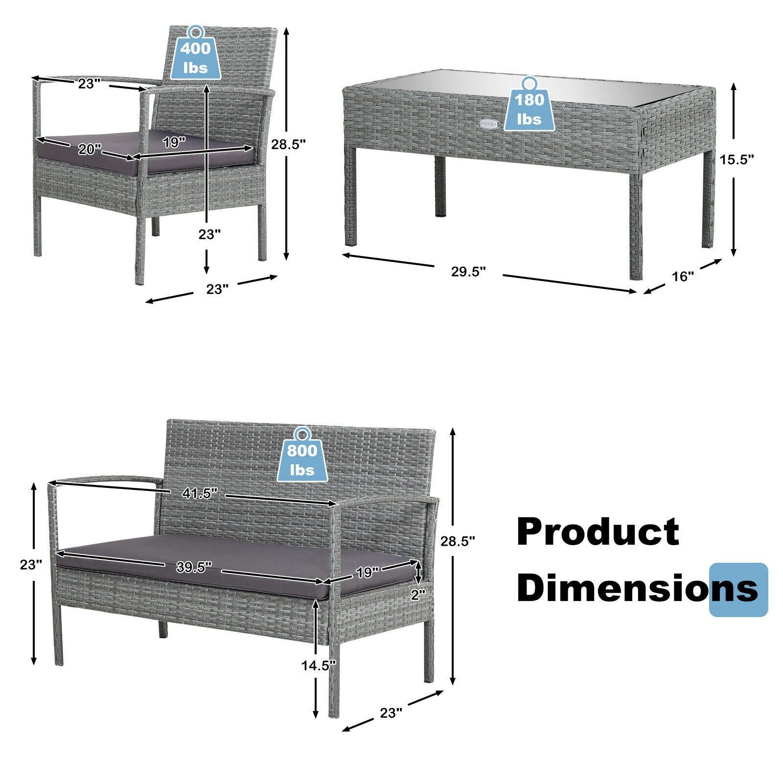 SUGIFT Gray Loveseat and Glass Coffee Table 4-Piece Outdoor Rattan Conversation Set