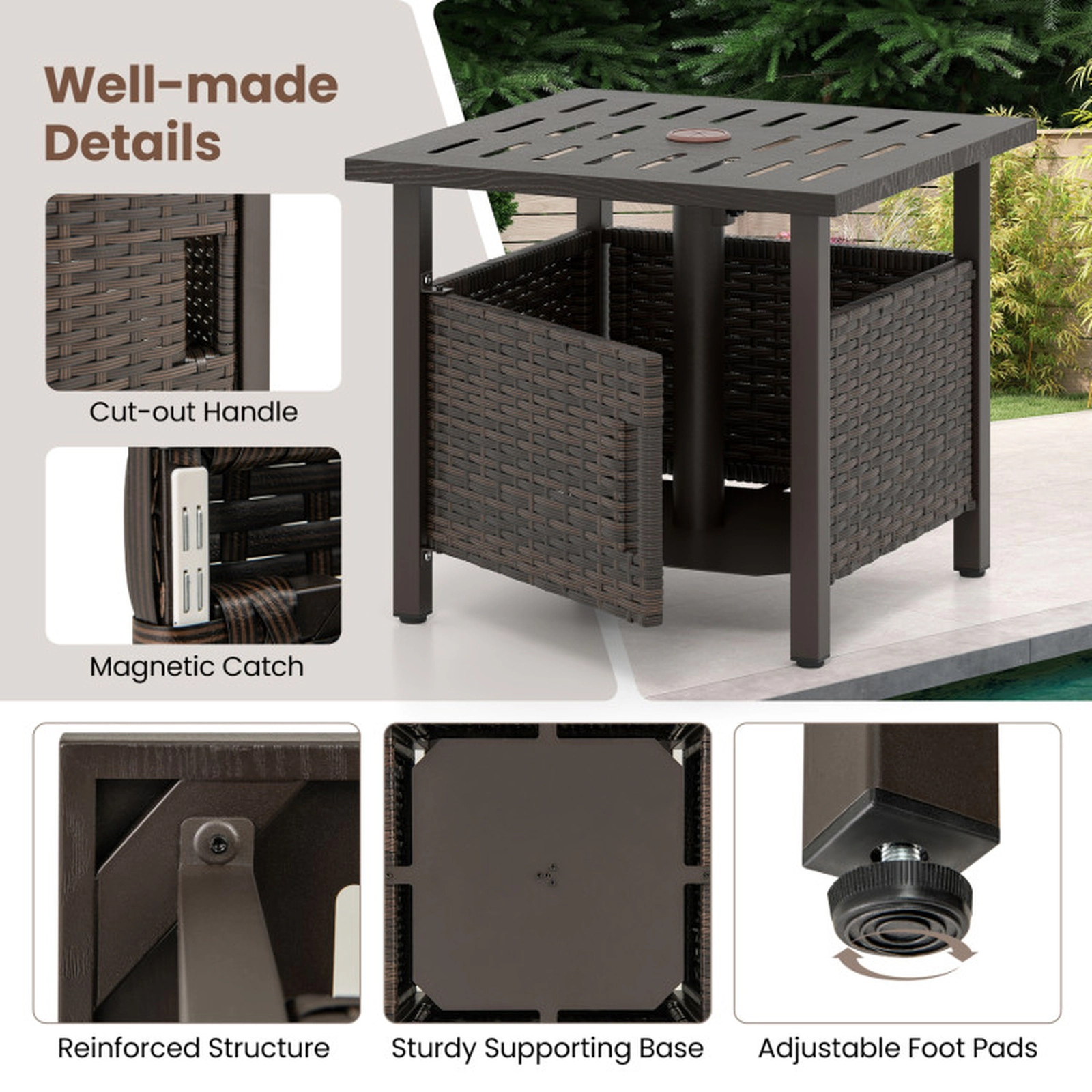 SUGIFT 22 in Outdoor Side Table Brown PE Wicker with 1.93 in Umbrella Hole