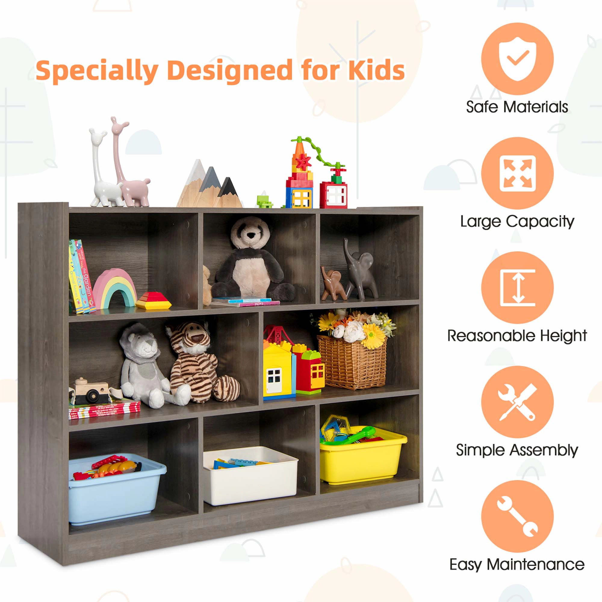 Costway 3-tier Open Bookcase 8-Cube Bookshelf Storage Display Cabinet French Oak Yellow