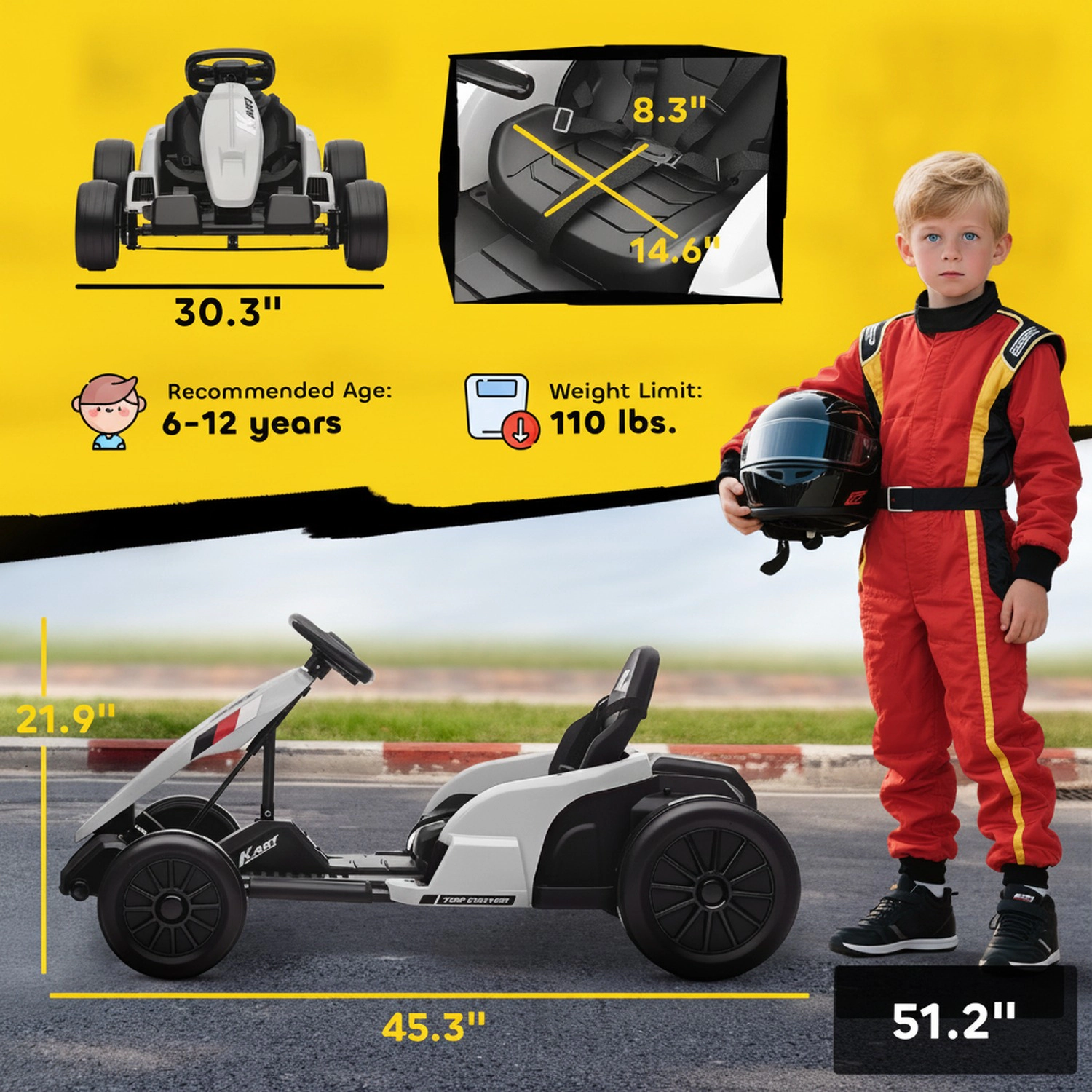 HONGGE Qaba 24V Electric Go Kart with Dual 150W Motors, Adjustable Seat & 11.2MPH High Speed, Slow Start