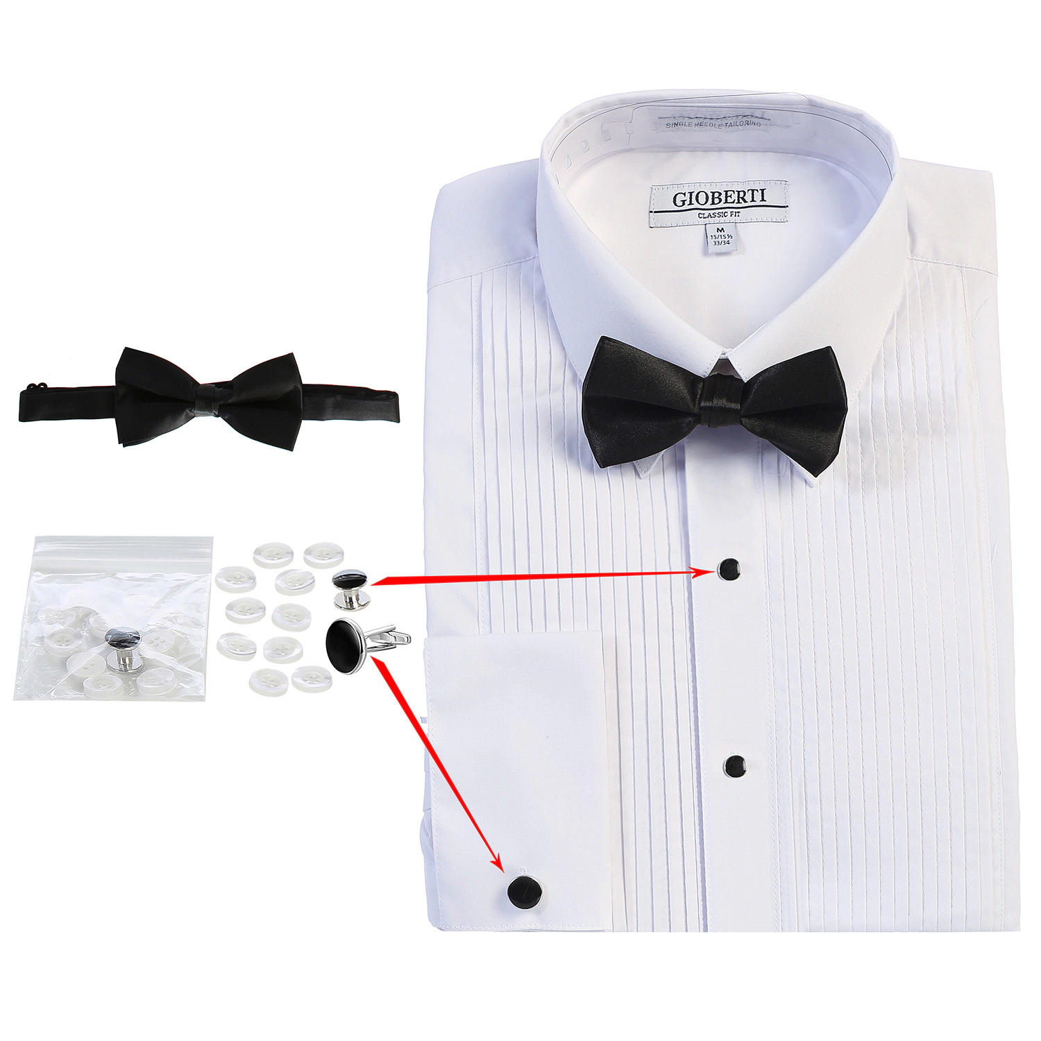 Gioberti Men's Kent Lay Down Collar Long Sleeve Tuxedo Dress Shirt with Bow Tie