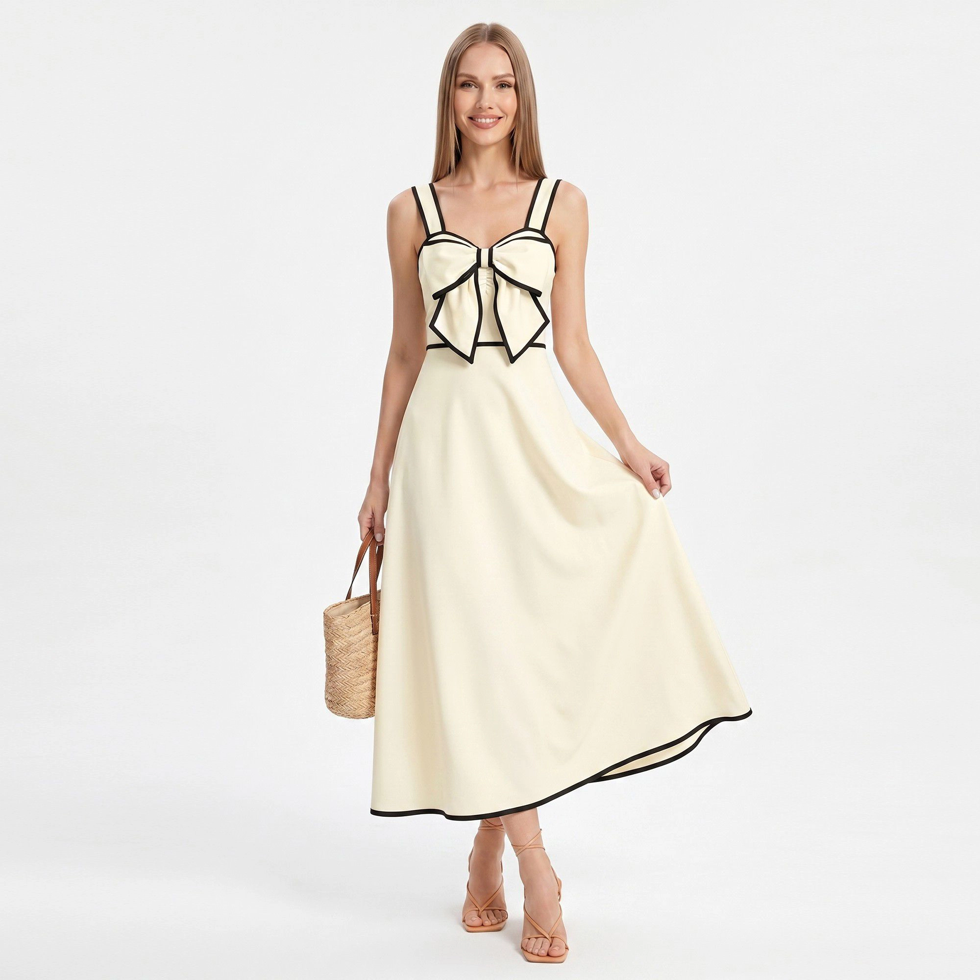 Anna-Kaci Women’s Bow Front Maxi Dress with Contrast Trim and Wide Straps