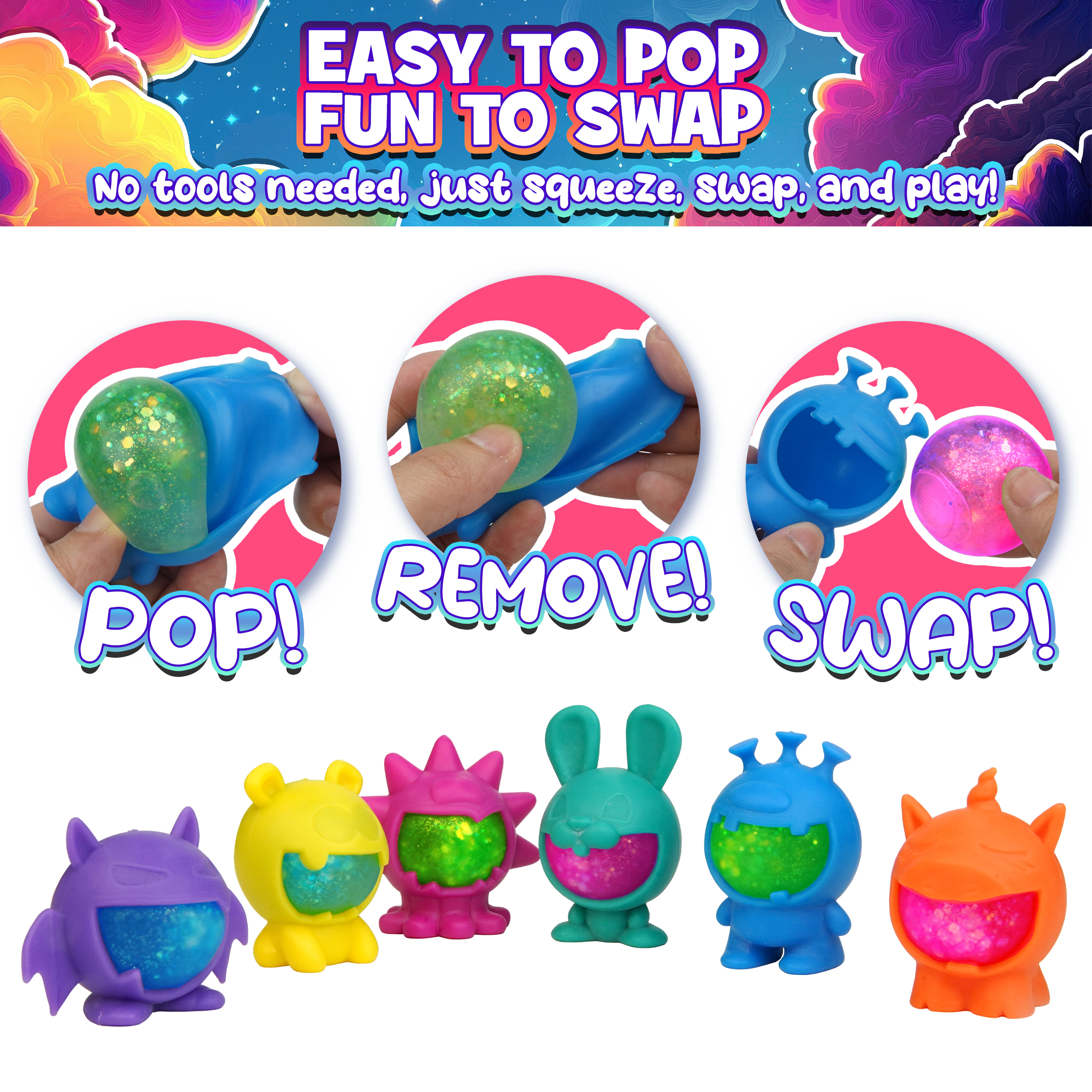 Power Your Fun Glitter Gobblers Squishy 6 pack Fidget Toys for Kids