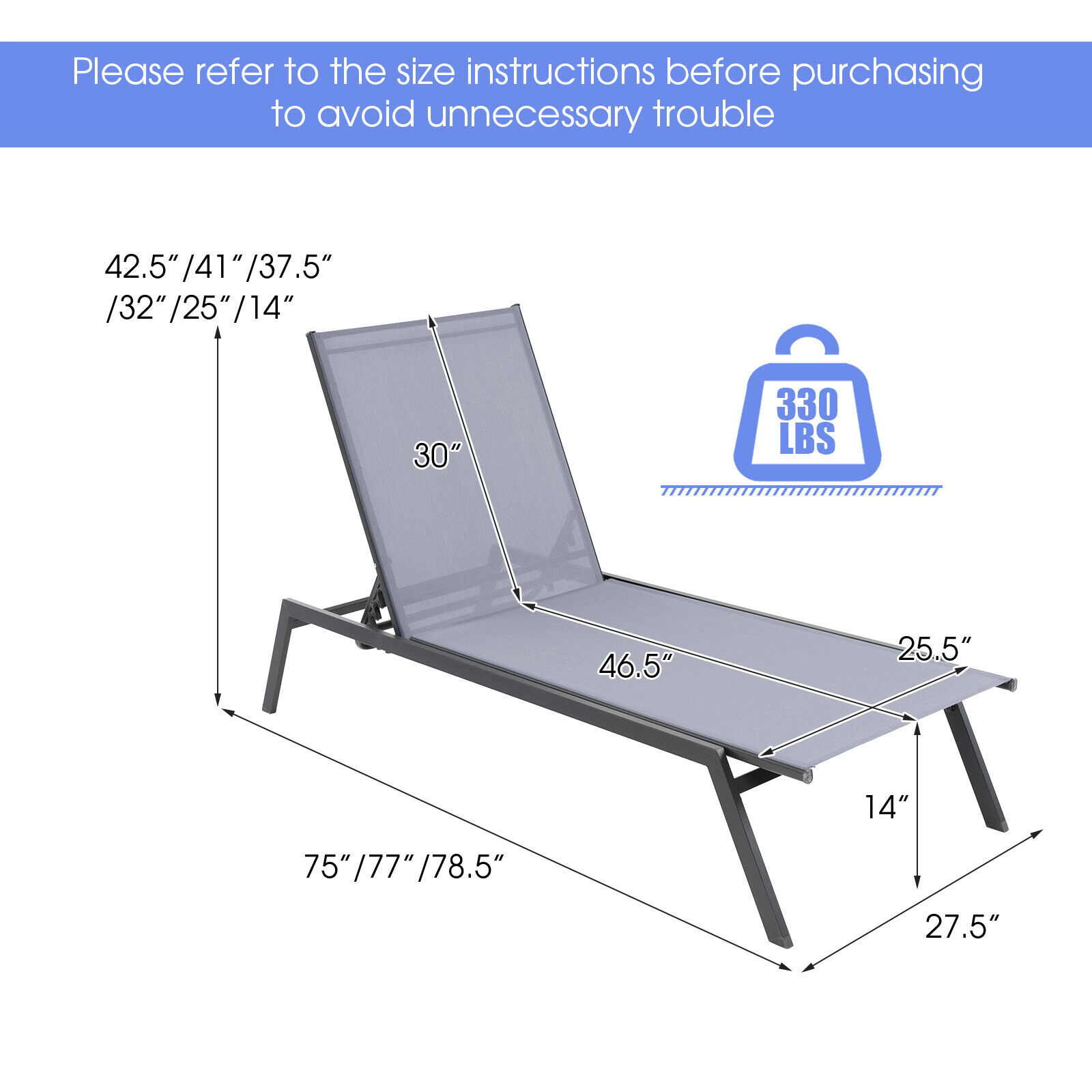 LJG Outdoor Adjustable Chaise Lounge Chair with Lay Flat Position and Quick-Drying Fabric
