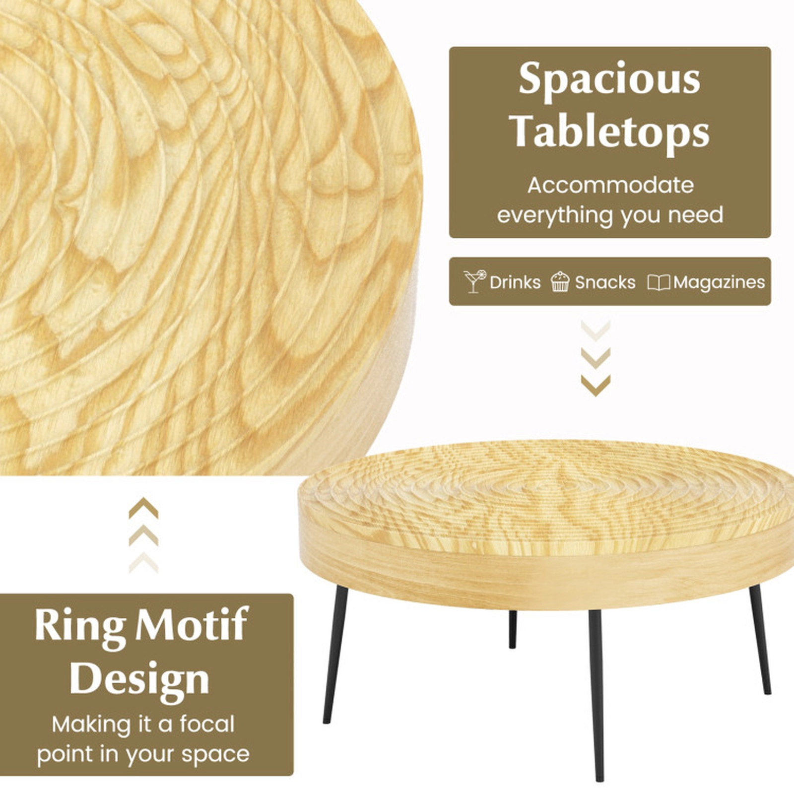 SUGIFT Set of 2 Round Solid Pine Coffee Tables, Ripple Pattern, Natural Finish