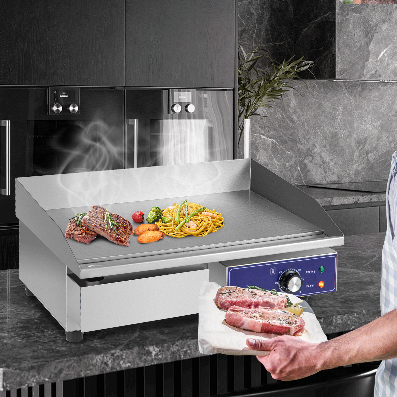 LJG 22 Inch Countertop Electric Griddle 2000W 110V Commercial Stainless Steel Grill