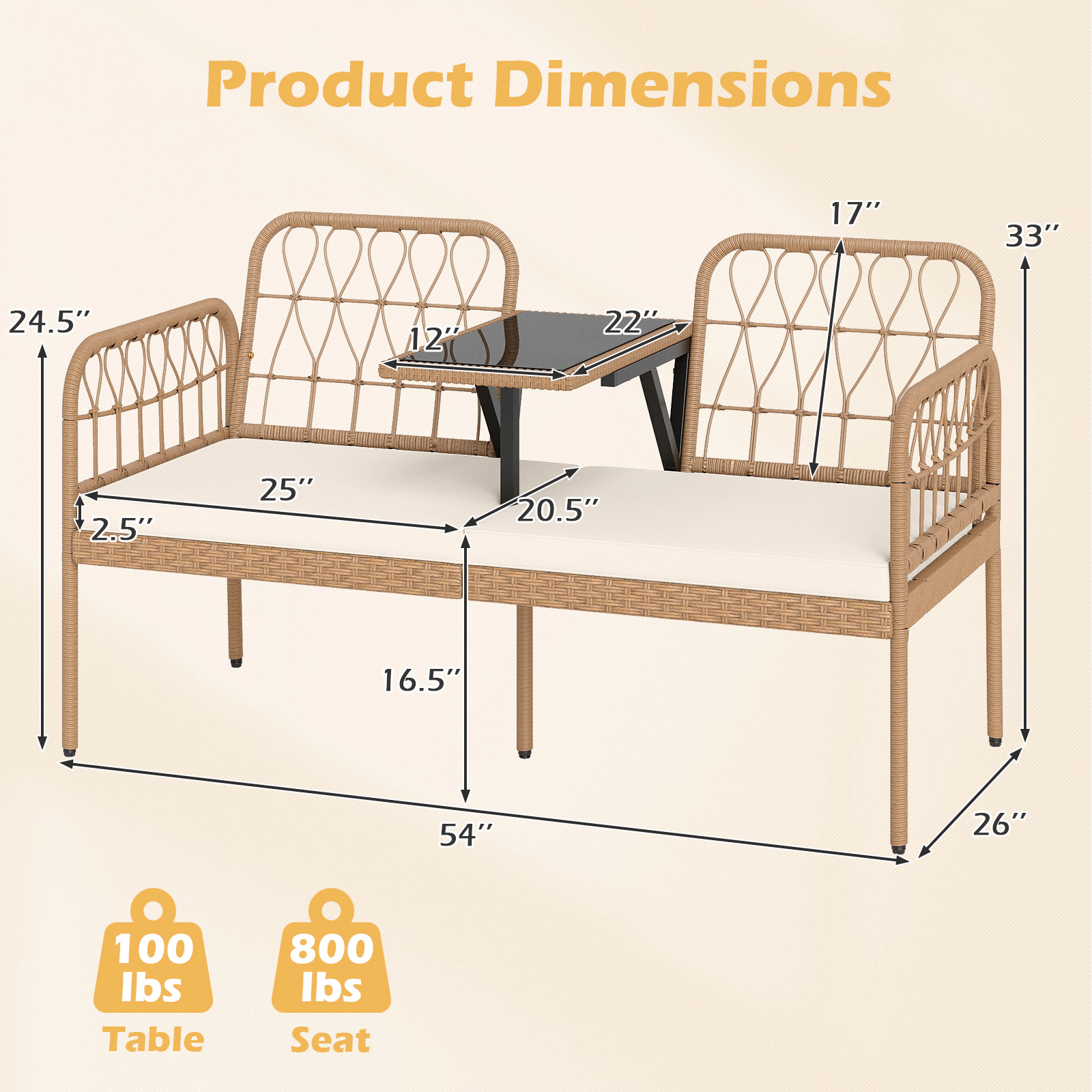 SUGIFT 54-Inch Natural PE Rattan Loveseat with Built-In Glass Table