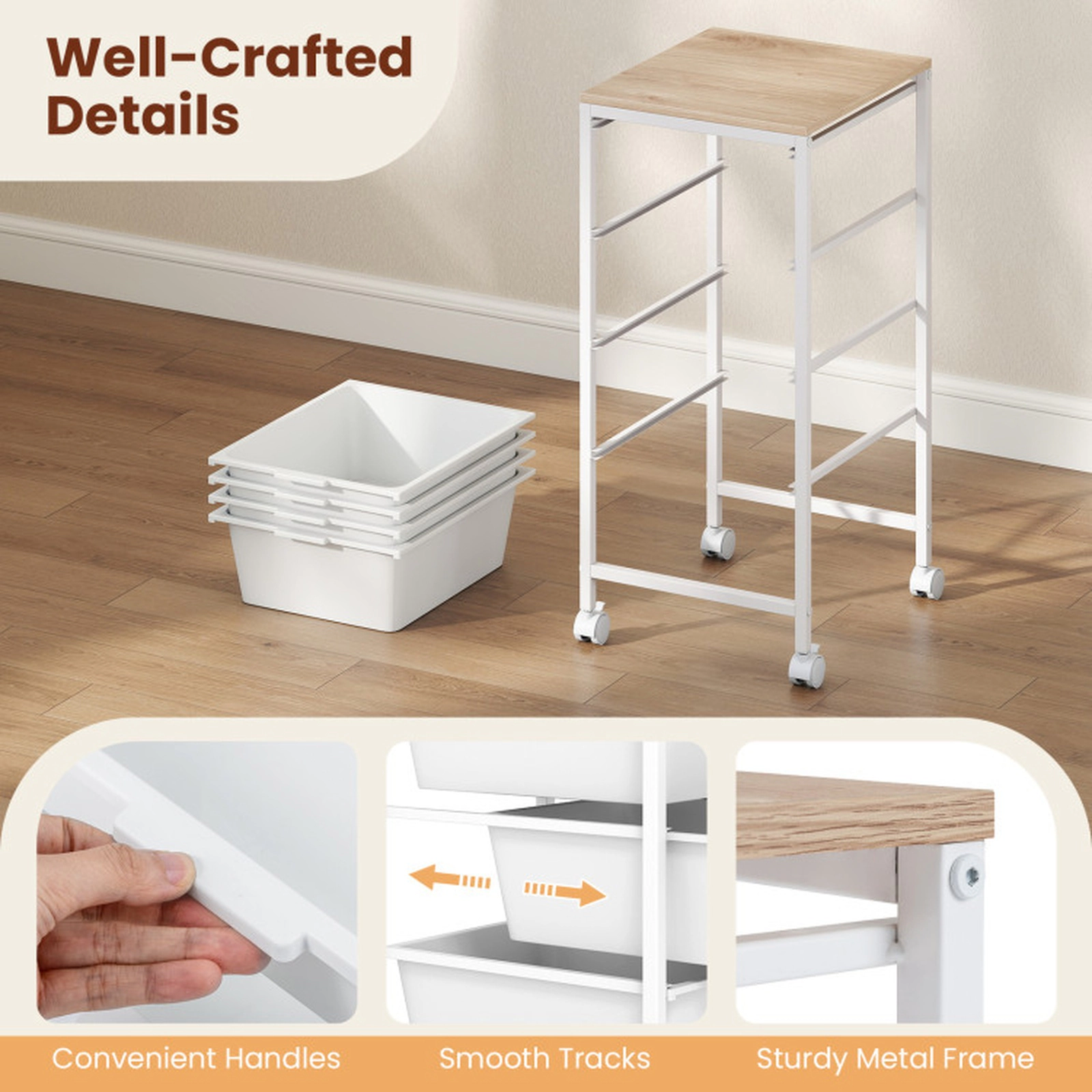 SUGIFT 5-Drawer Rolling Storage Cart White with Wooden Tabletop and Lockable Wheels