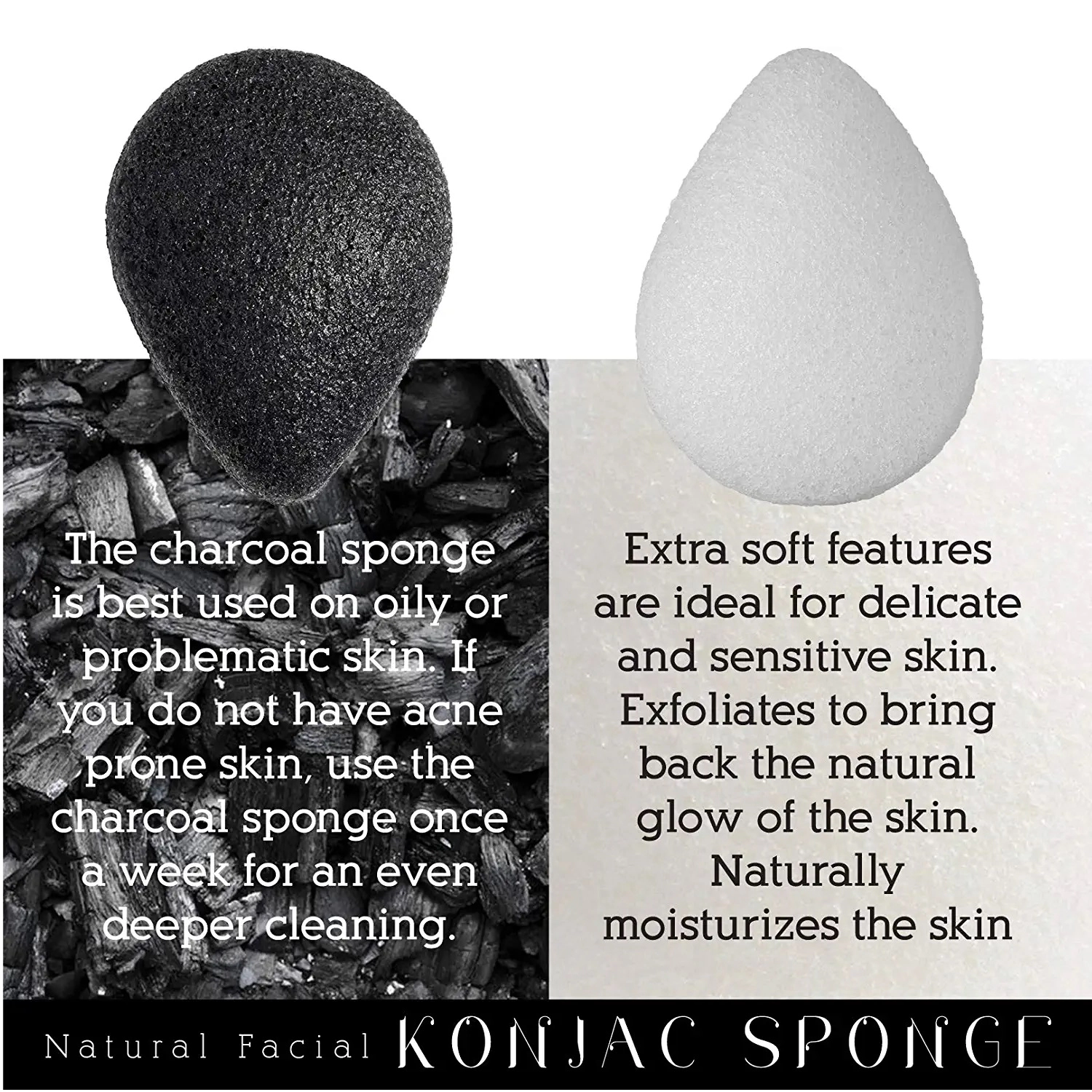 Pursonic Unisex Natural Facial Cleansing Sponge Set – Konjac Root Exfoliating Sponge Duo with Charcoal & White Sponges