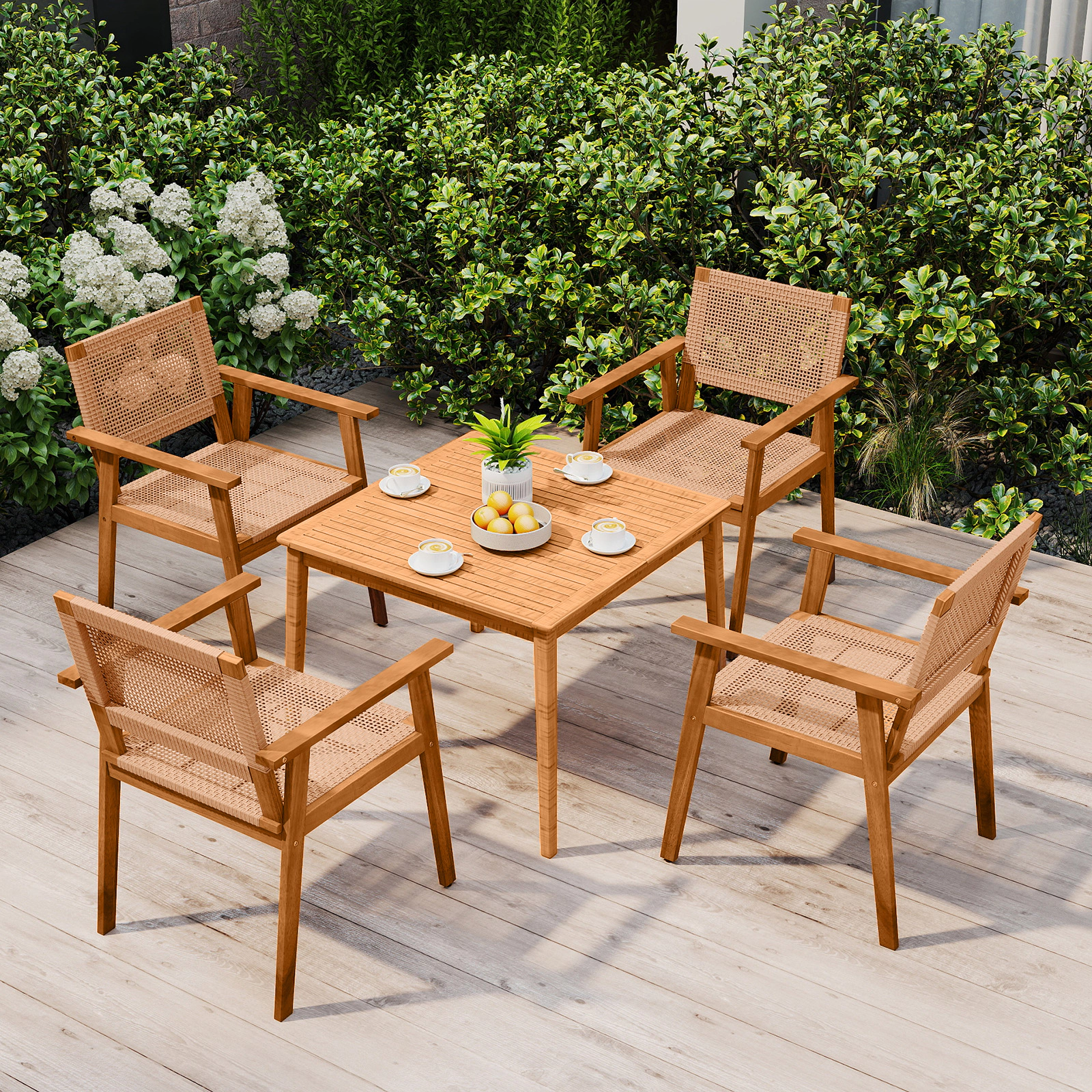 LJG Acacia Wood Outdoor Dining Chairs Set of 2 PE Rattan Patio Chairs with Backrests and Armrests