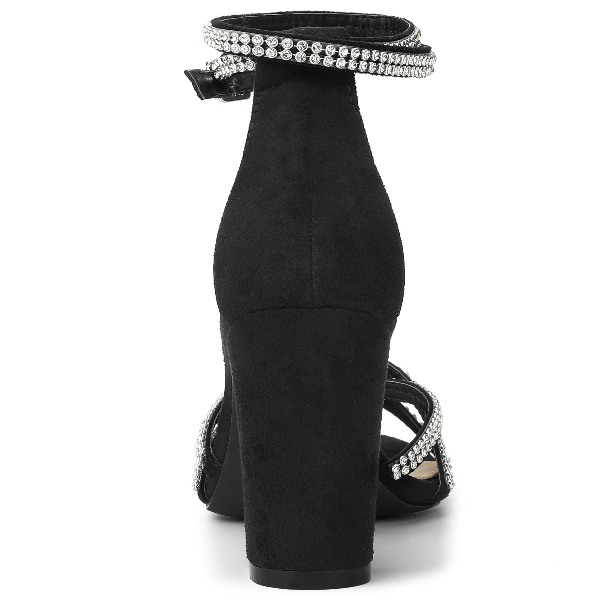 BLISSFUL STEP Women's Rhinestones Strappy Chunky Heel Sandals
