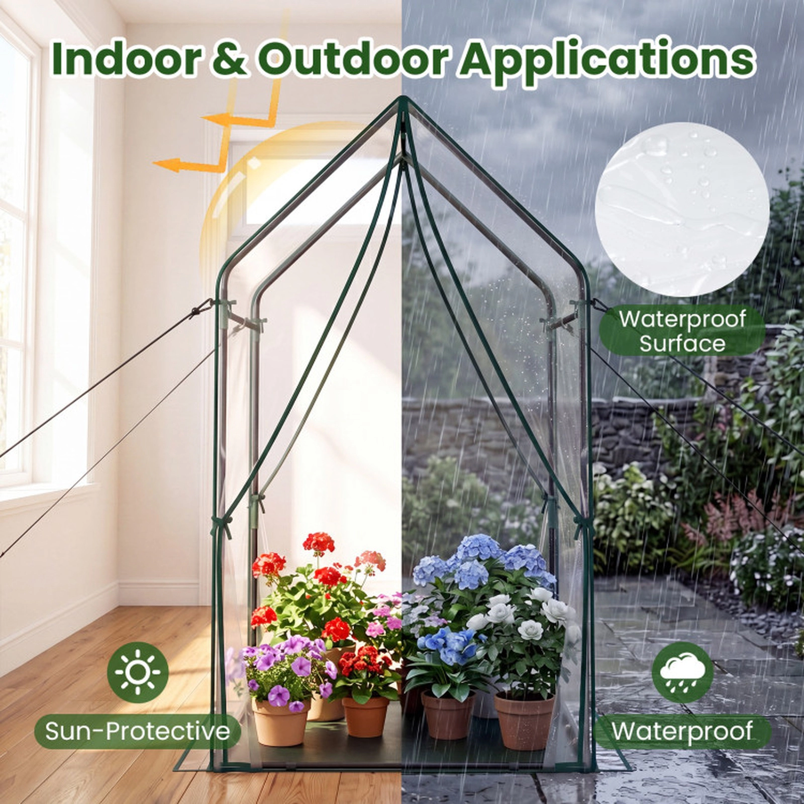 SUGIFT Sun-Protective Mini Green House Metal Frame with Waterproof Bottom Mat and Wind Ropes XL 67-in Tall Clear