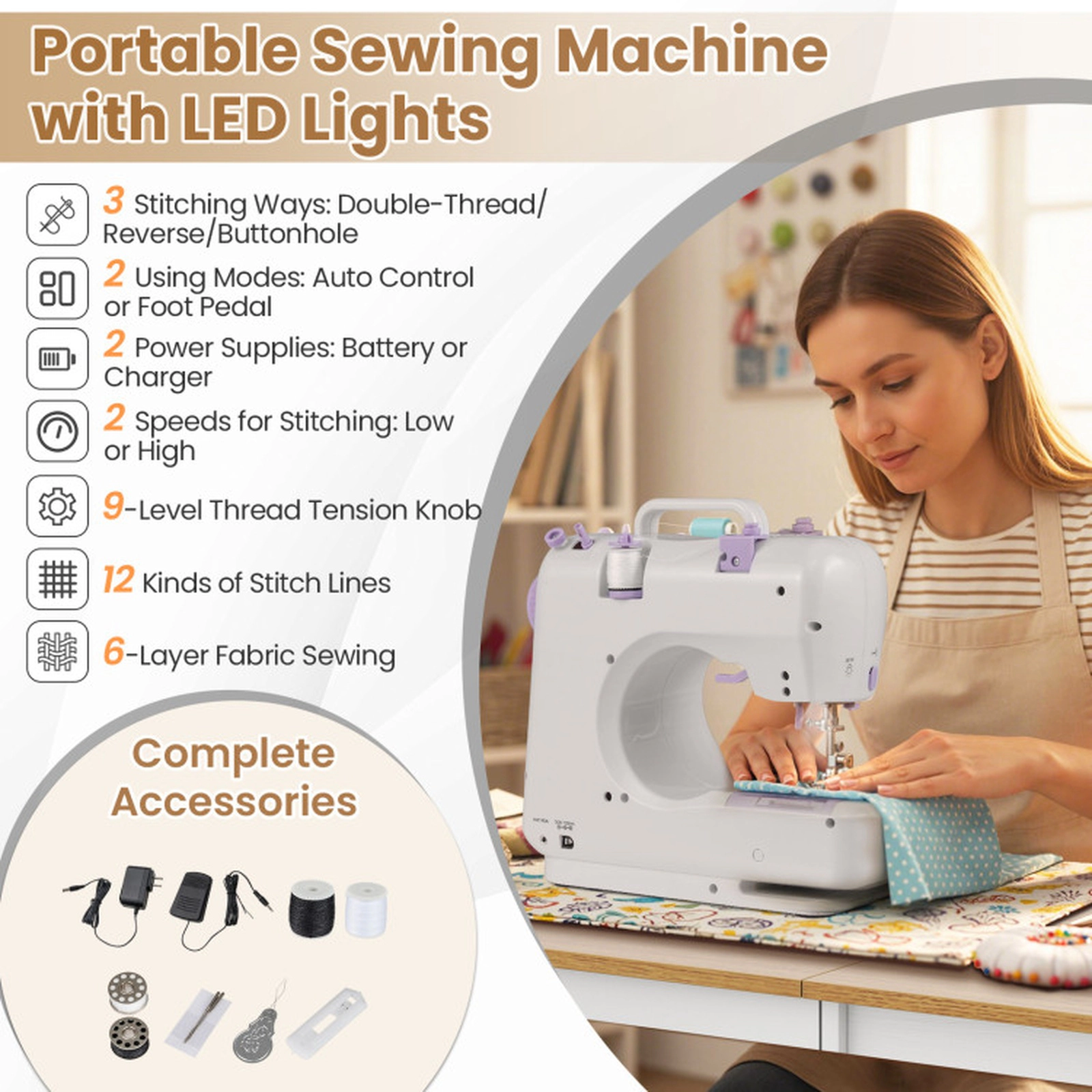 SUGIFT Folding Power Strip 5 Casters Sewing Table Desk 45.5-in x 16-in x 31-in 45-lb Capacity Natural White