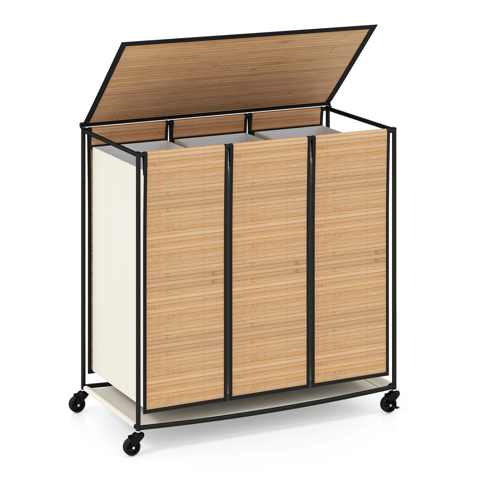 SUGIFT 21.4 Gal 3-Section Bamboo Laundry Hamper Lid 11-lb Per Section Capacity 26-in Tall with 4 Wheels Natural + Black