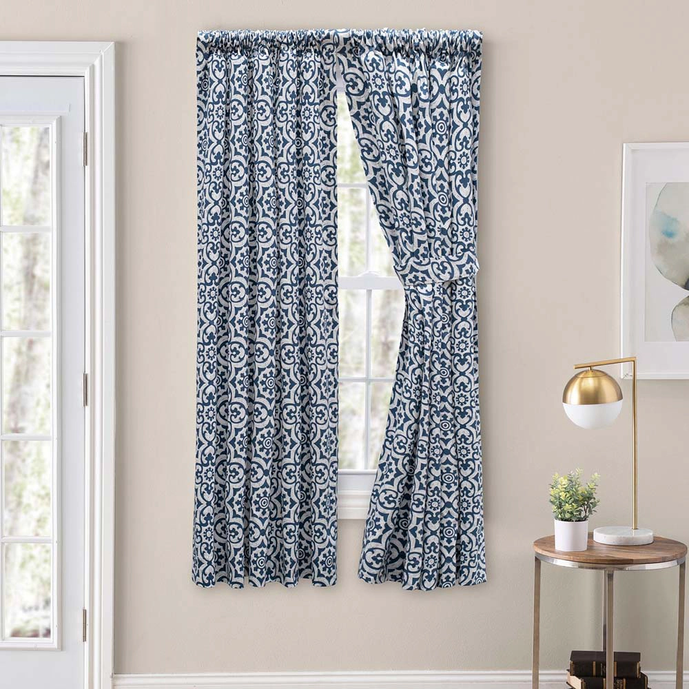 Ellis Athens Printed Tile Design on a Ground 3" Rod Pocket Premium Tailored Pairs 100"x63" Navy