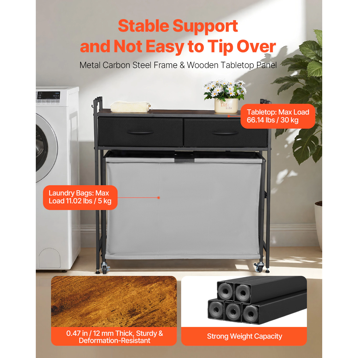 HONGGE Laundry Sorter Large Laundry Hamper with Metal Frame and Wooden Tabletop Freestanding Storage Organizer Baskets