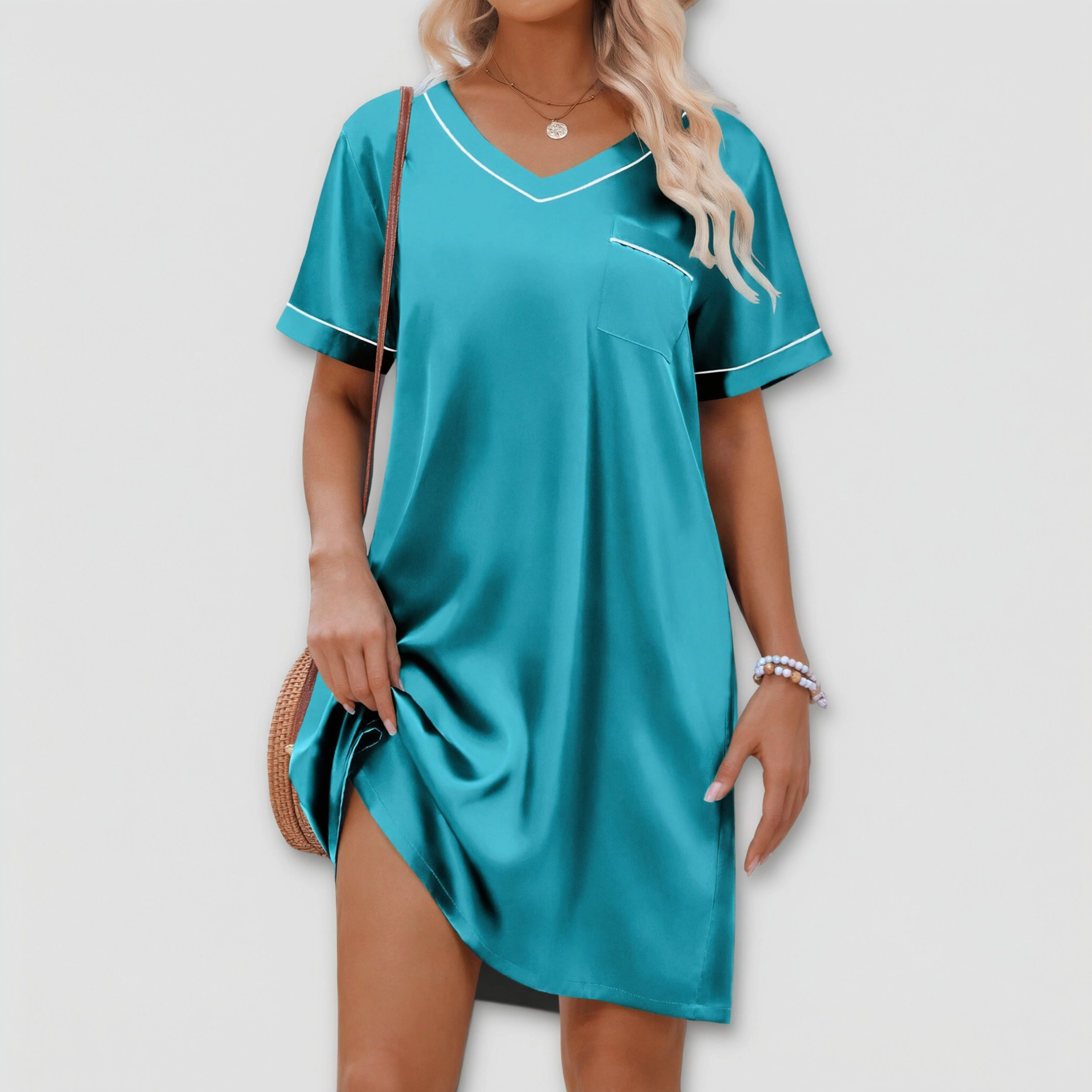 Ekouaer Satin Nightgowns for Women Shirt Silky Loose Sleepwear V Neck Nightshirt Short Sleeve Pajama