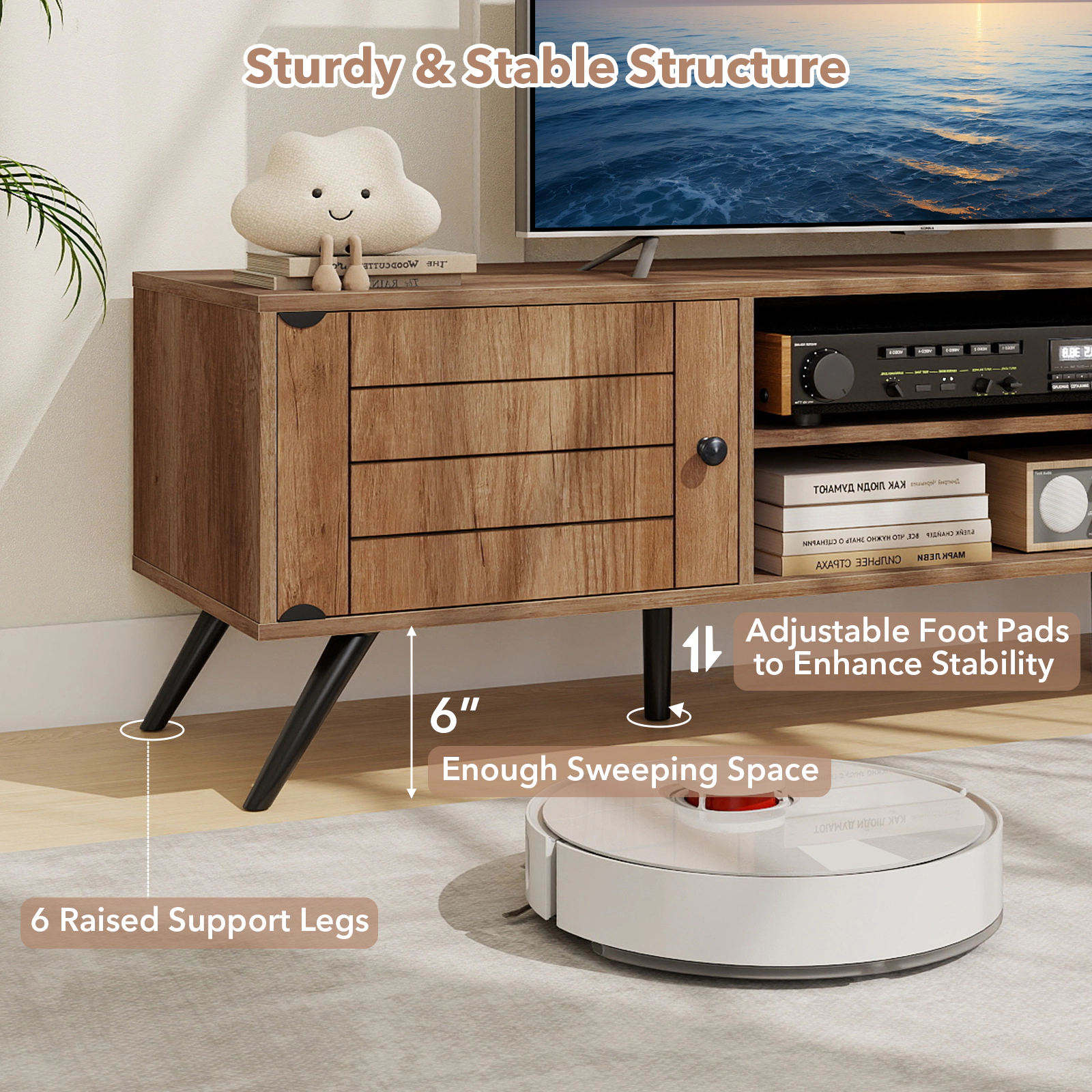 Glintex 59-Inch 2-Door TV Stand with Open Shelves and 6 Support Legs, Oak