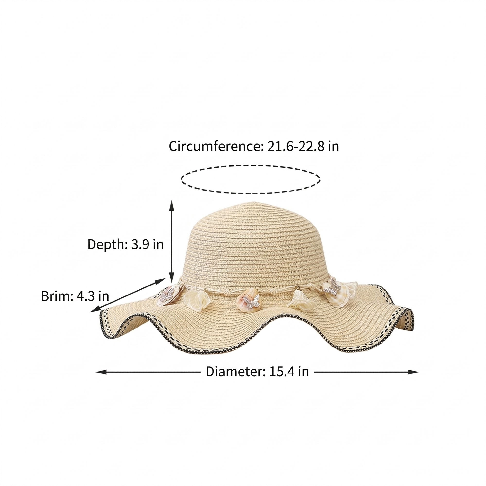 Anna-Kaci Women's Wide Brim Straw Sun Hat Wavy Edge Shell Trim Beach Adjustable Inner Band Packable