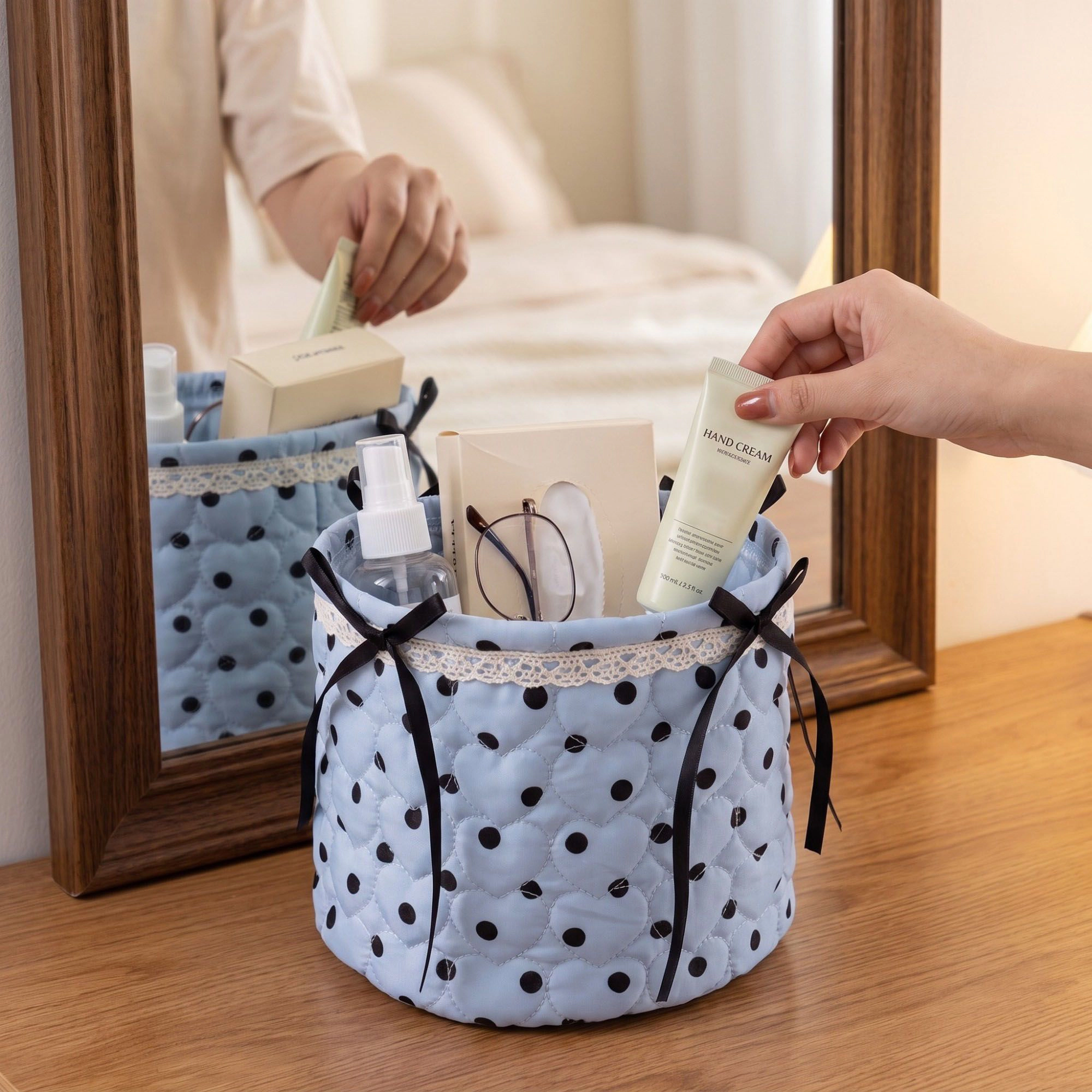 Alilang Unisex Quilted Heart Polka Dot Storage Bin with Lace Trim & Ribbon Bows