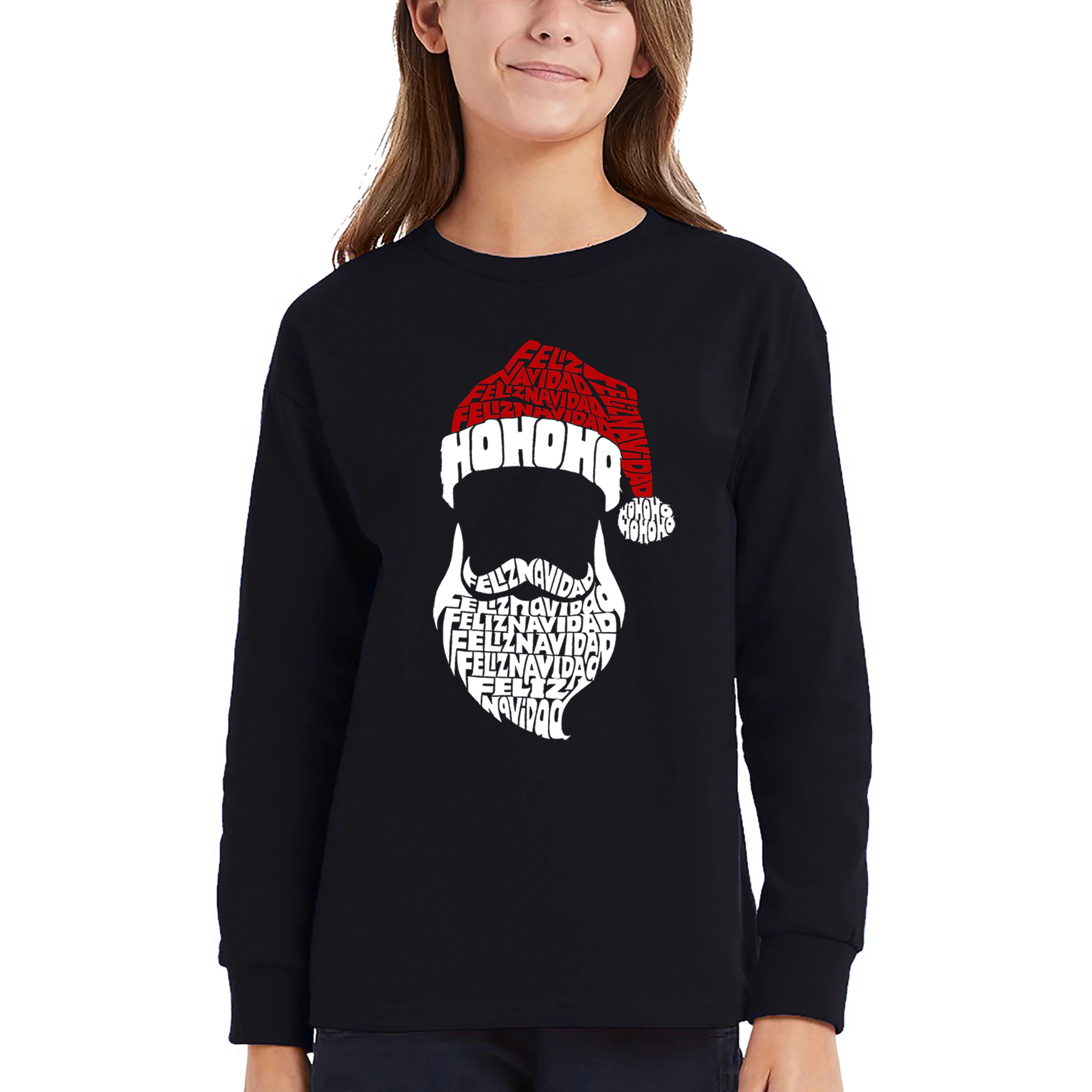 LA Pop Art Girls Long Sleeve Word T-Shirt - Feliz Navidad Santa Claus