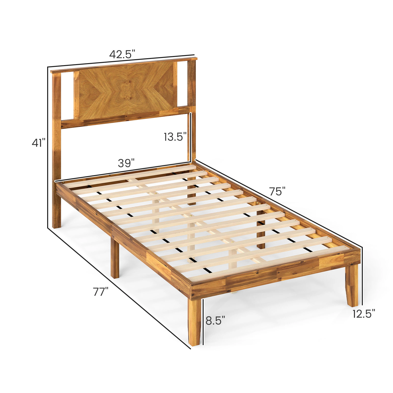 LJG Twin/Full/Queen Size Bed Frame Mid-Century Acacia Wood Platform Bed with Headboard