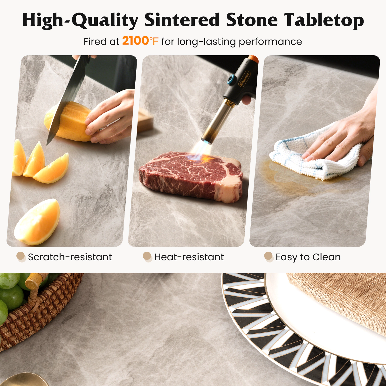 SUGIFT Rectangular Sintered Stone Dining Table for 4 People with Metal Frame 220-lb Capacity Gray + Black