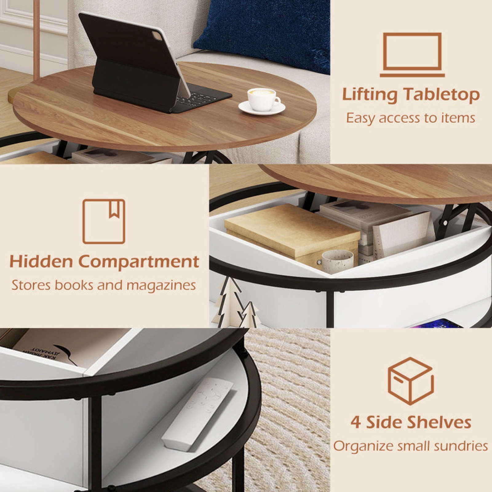 SUGIFT 31.5-in 110-lb Capacity Round Lift Top Teak Coffee Table with Hidden Compartment and 4 Side Shelves