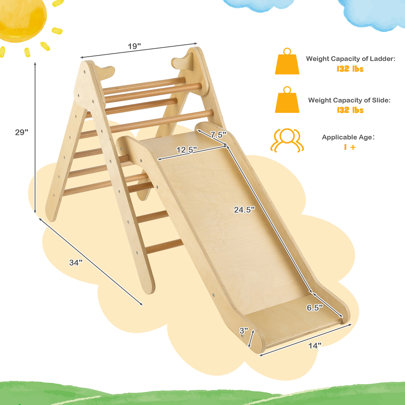 SUGIFT Natural Gradient Adjustable Slide 34 Inch 2-in-1 Kids Wooden Triangle Climber Set