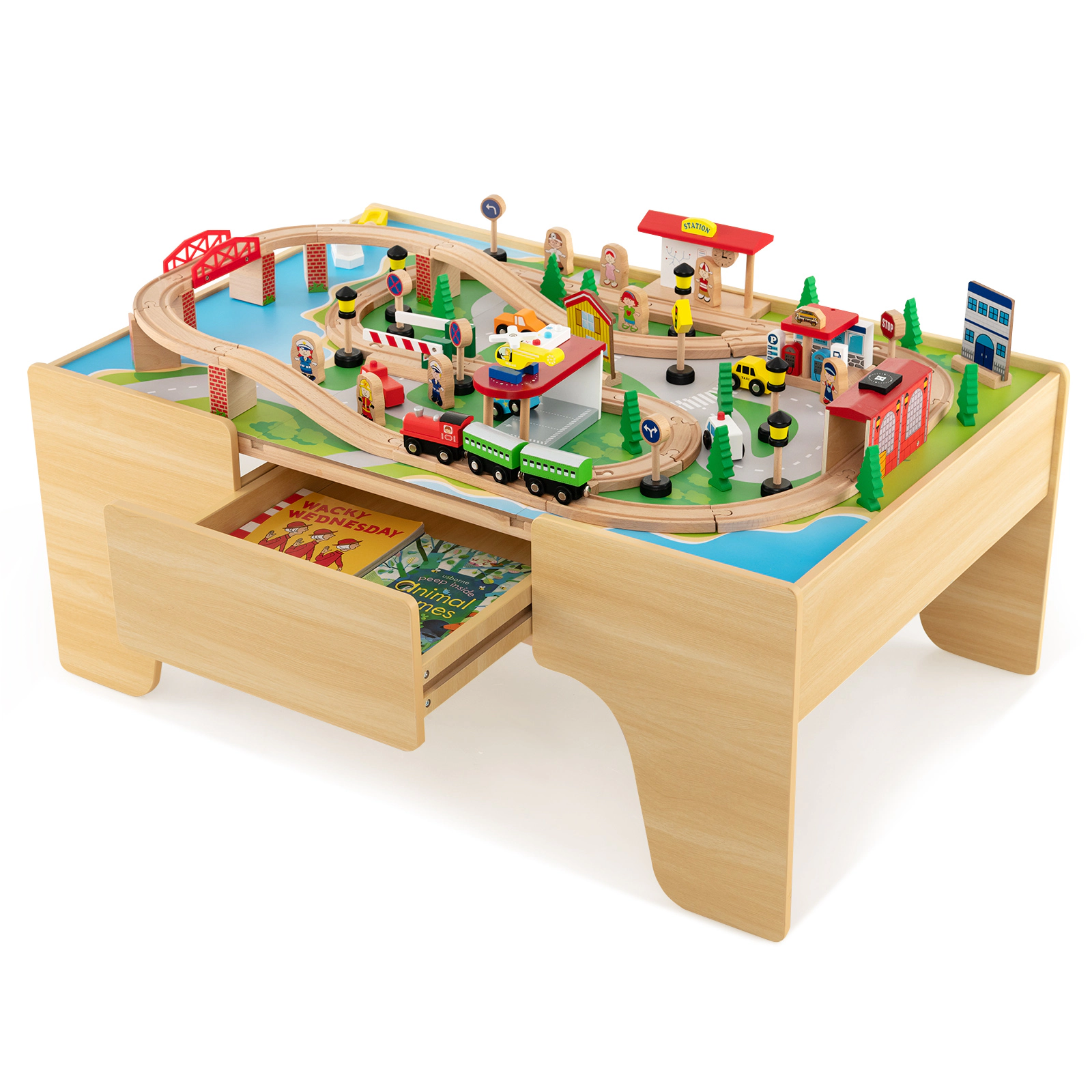 SUGIFT 84-Piece Wooden Train Set Activity Table with Reversible Top 38-in Long Ages 18M+ Natural Interactive Toy