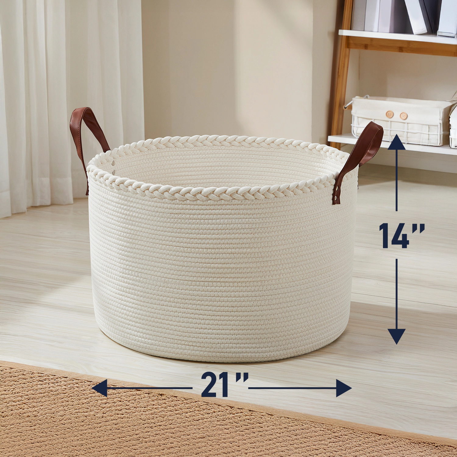Ornavo Home Extra Large Round Cotton Rope Storage Basket Laundry Hamper with Leather Handles