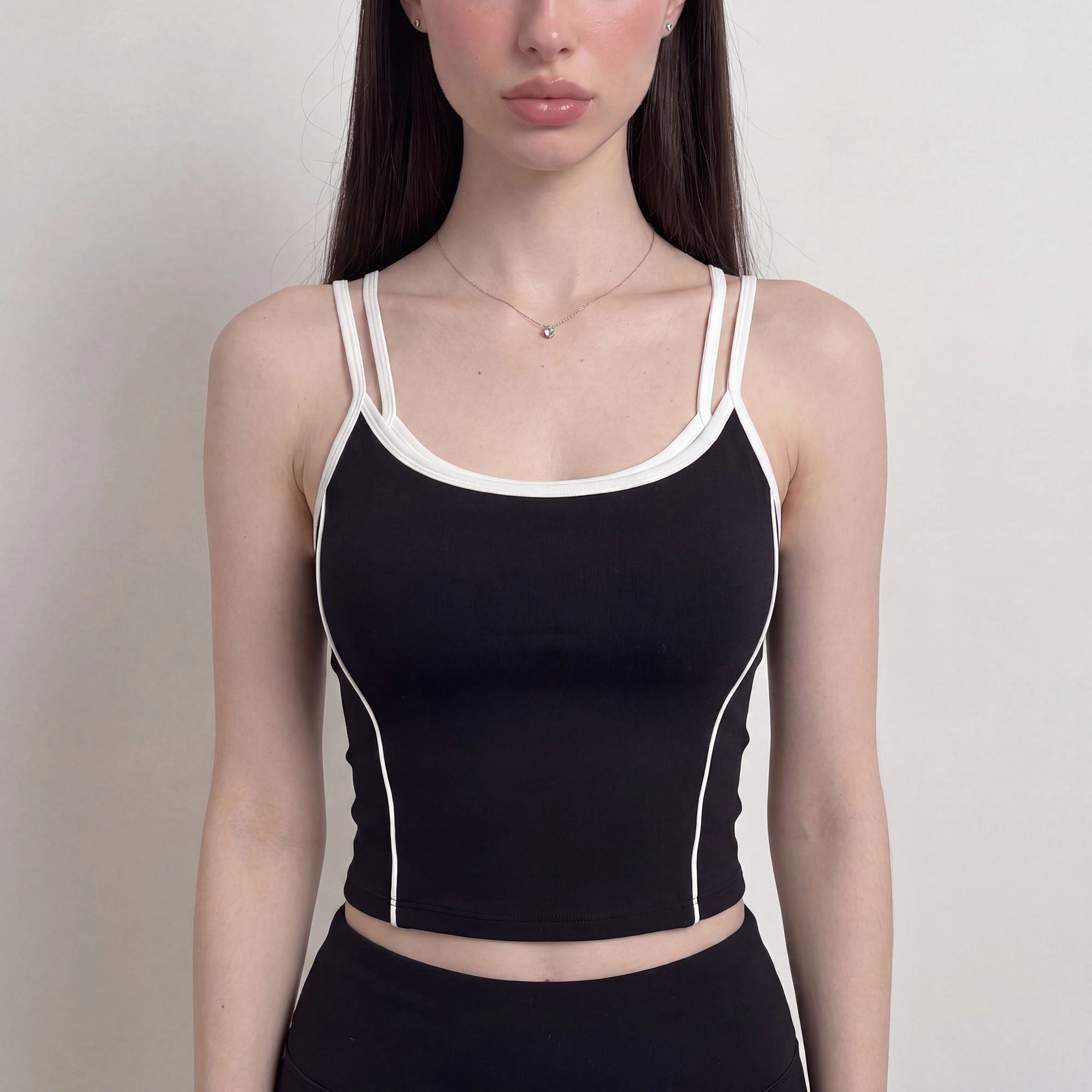 Anna-Kaci Women's Contrast Trim Double Strap Cropped Cami Tank Top with Fitted Light Support Activewear Design