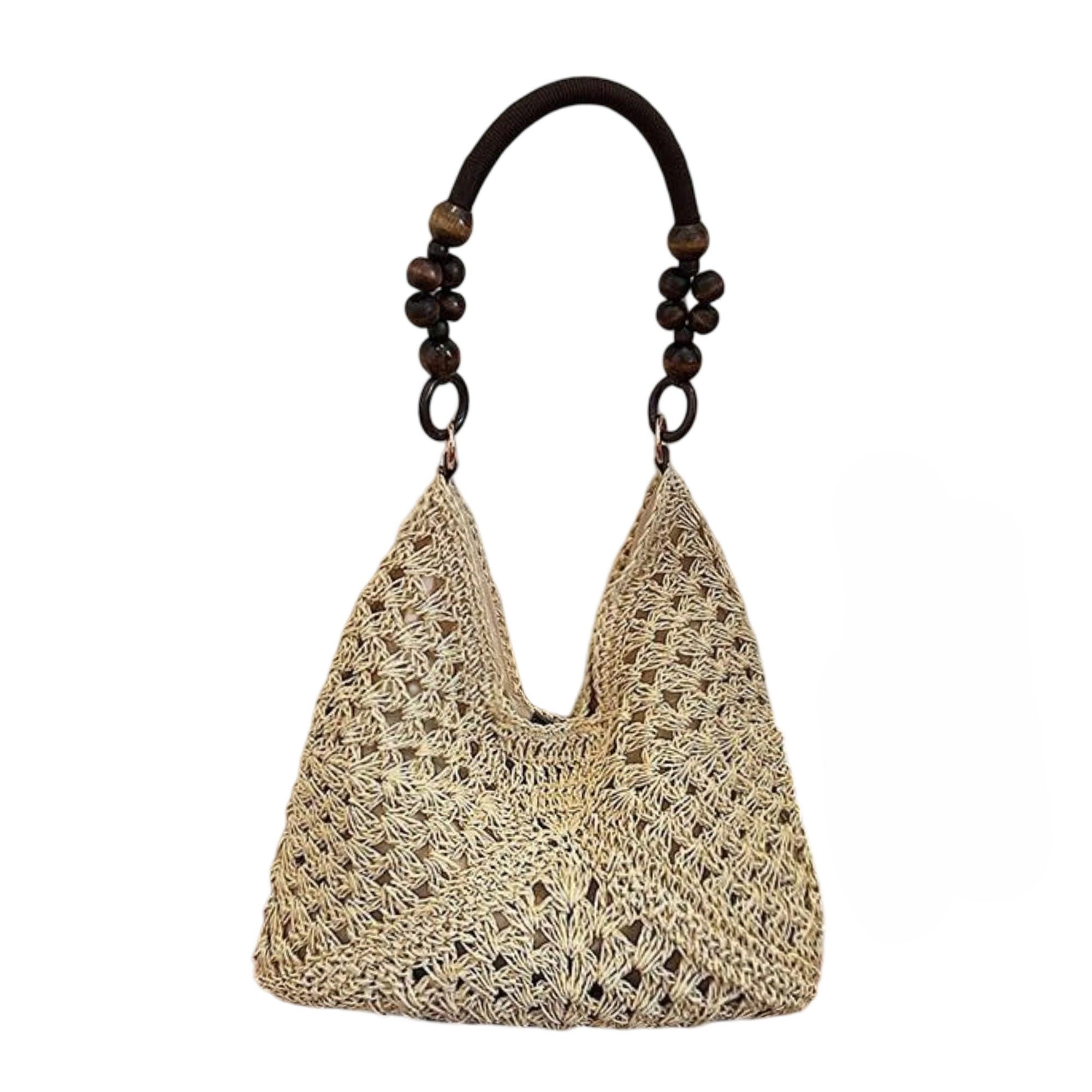 Alilang Women's Woven Straw Hobo Bag with Wooden Handle Bead Accents and Spacious Interior
