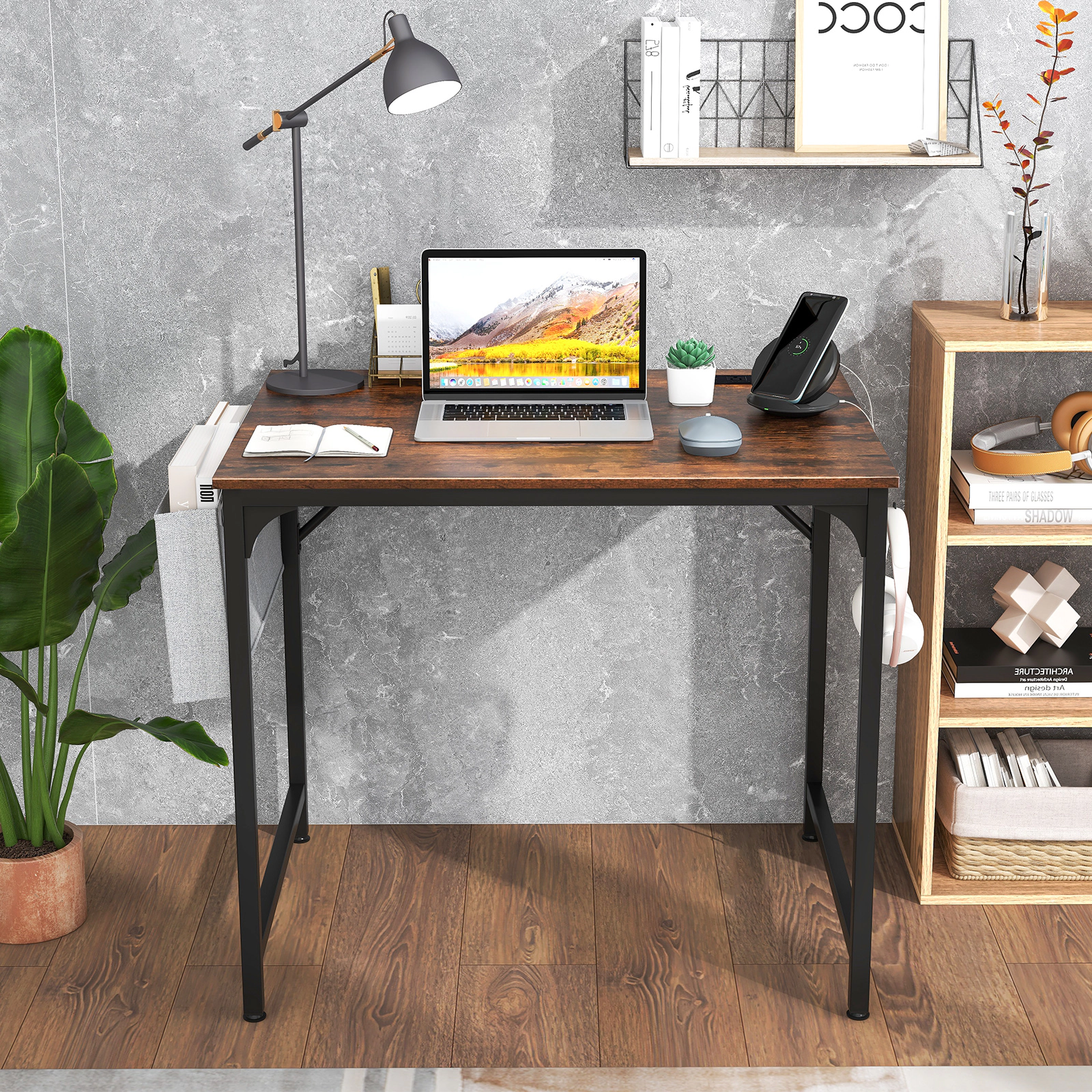 SUGIFT Rustic Brown 32-Inch Computer Desk with Charging Station, USB Port, Headphone Hook and Storage Bag